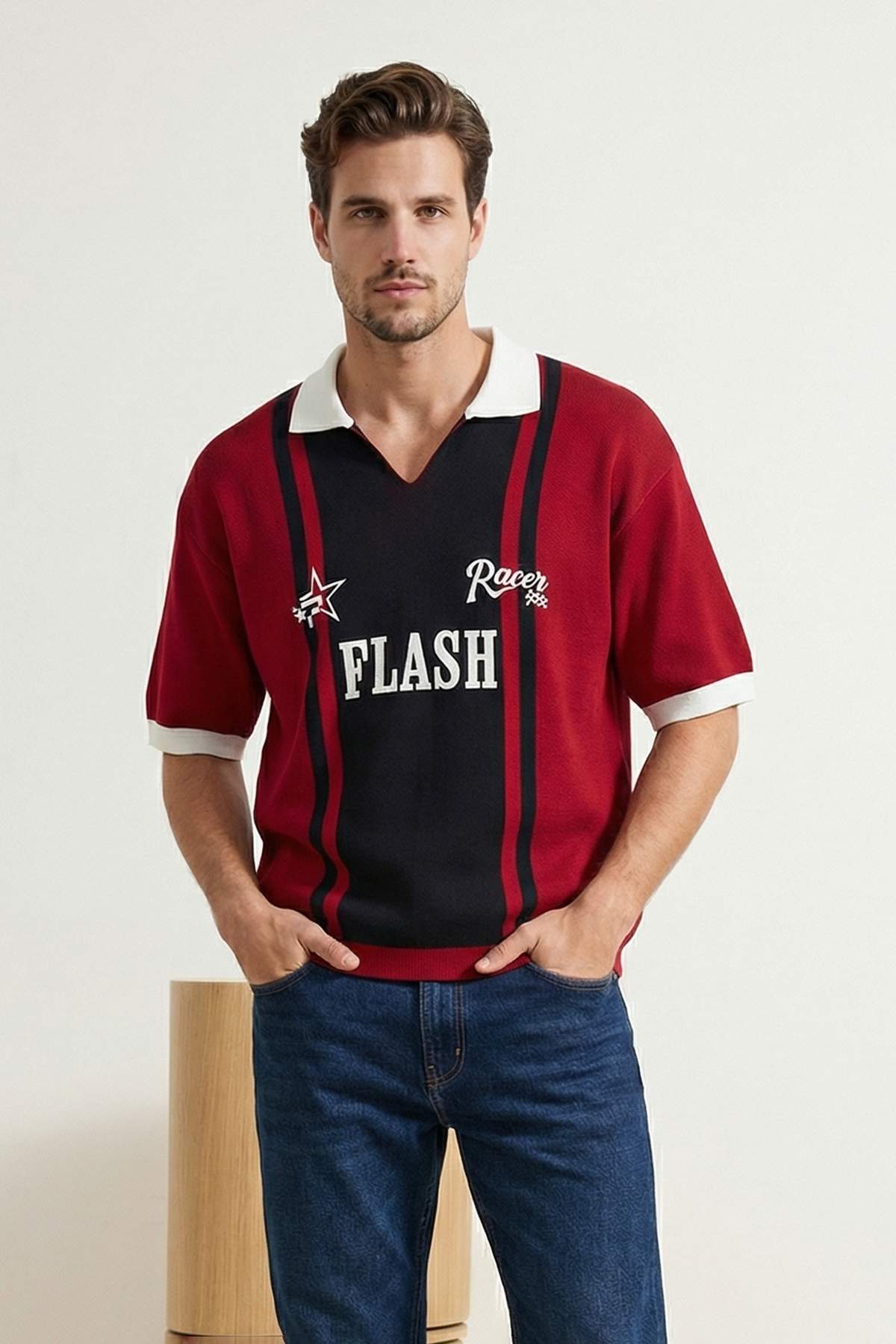 Trendyolmilla Man Kırmızı-Lacivert Regular Polo Yaka Baskılı Triko Polo Yaka T-shirt TMNSS25PO00025