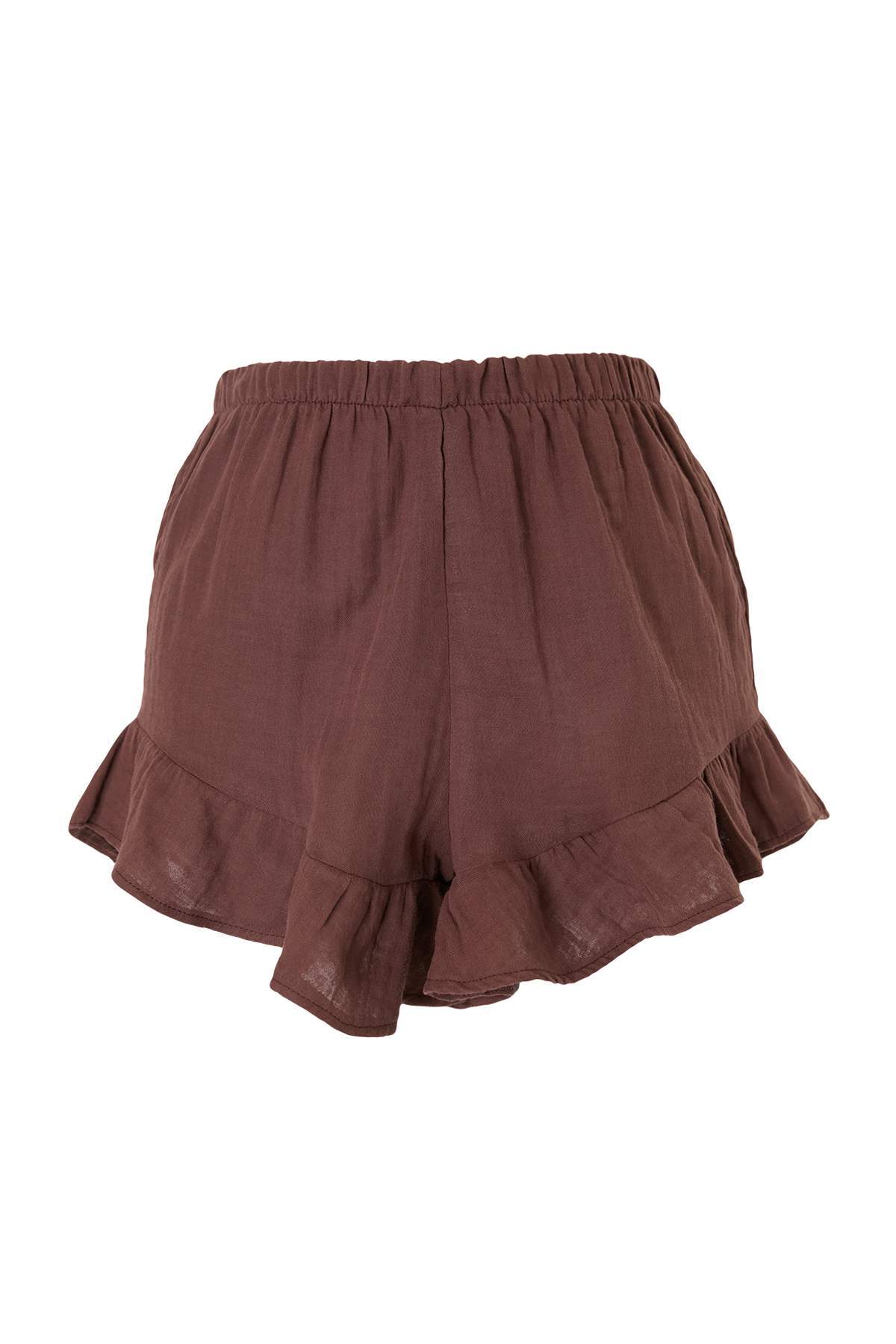 Trendyolmilla  Kahverengi Dokuma Mini Fırfır Detaylı 100% Pamuk Plaj Şort TBESS26SR00012 - Görsel 3