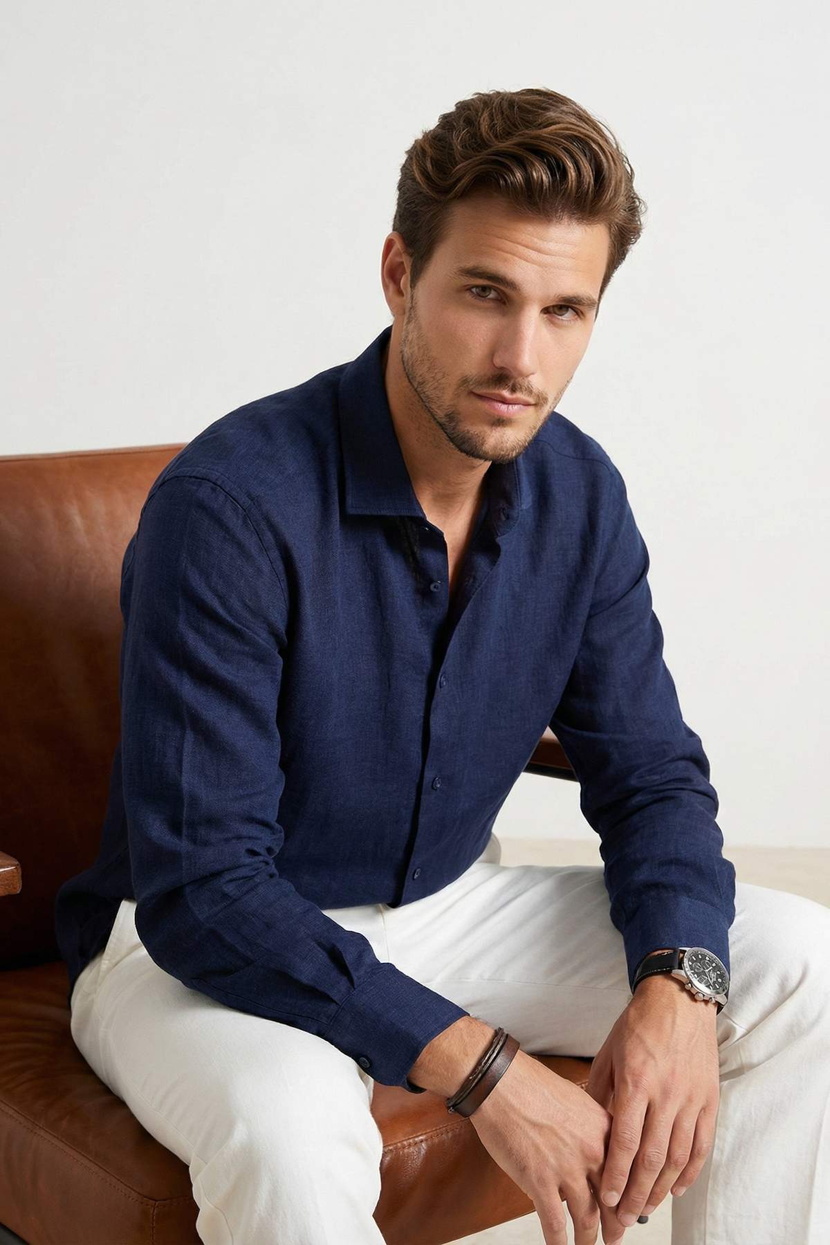 Trendyolmilla  Lacivert Normal Kalıp/Regular Fit Keten Görünümlü Mevsimlik Erkek Dokuma Gömlek TMNSS26GO00007 - Görsel 2