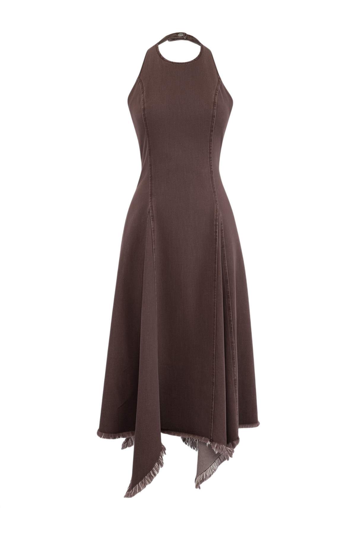 Trendyolmilla  Trendyol Studio Kahverengi Halter Yaka Asimetrik Midi Denim Elbise TWOSS26EL00389 - Görsel 5