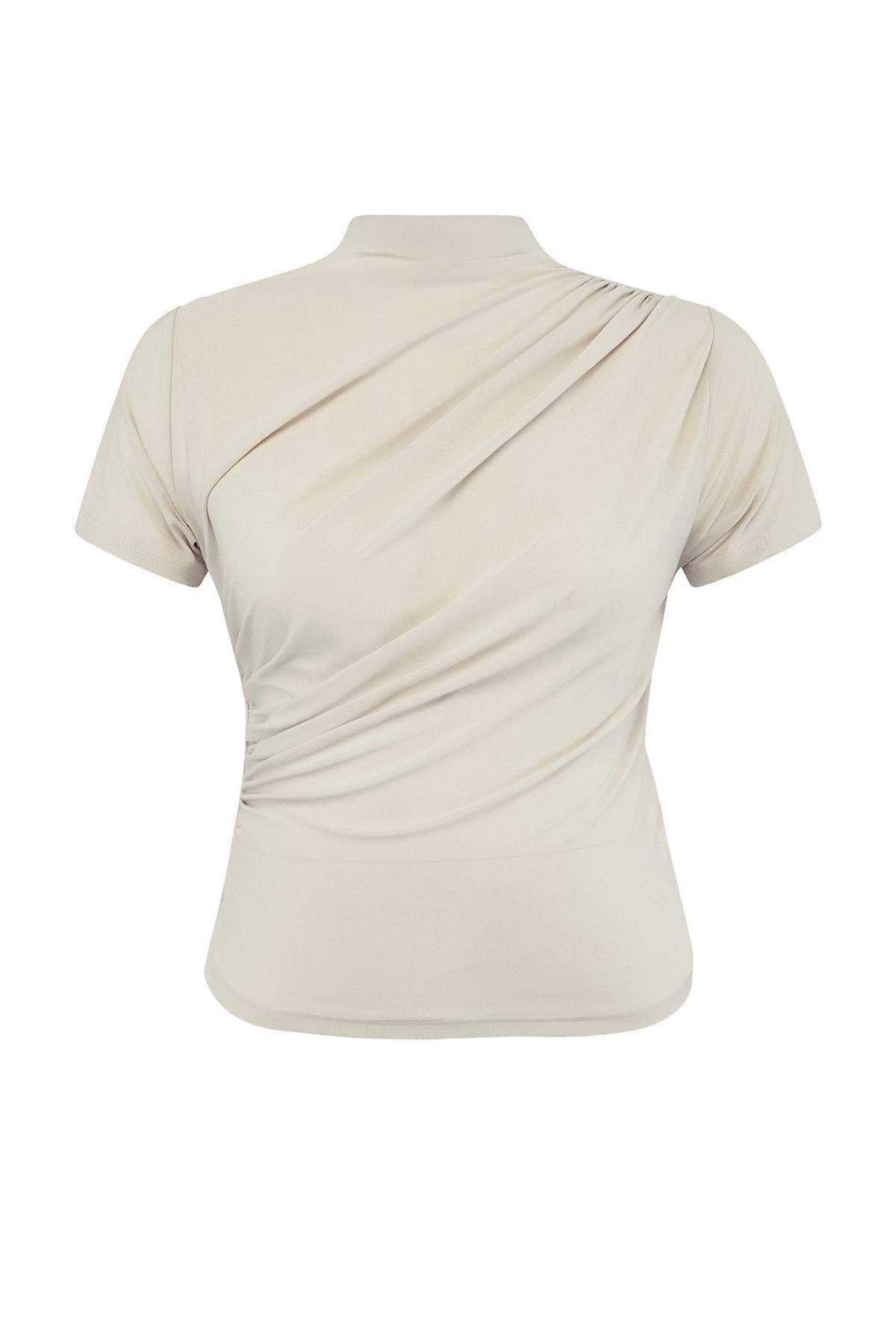 Trendyolmilla Curve Taş Dik Yaka Büzgülü Sandy Örme Büyük Beden Bluz TBBAW26AF00053