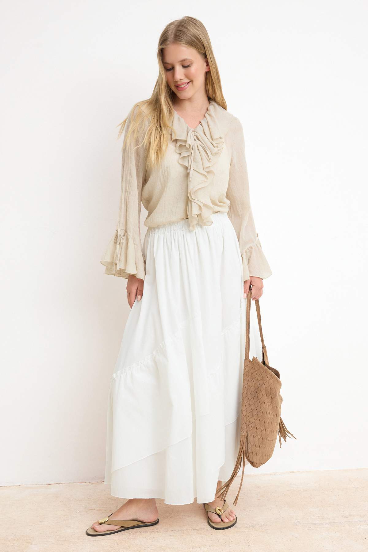 Trendyolmilla Modest Ekru Astarlı Çok Parçalı Pamuklu Etek TCTSS26EE00015