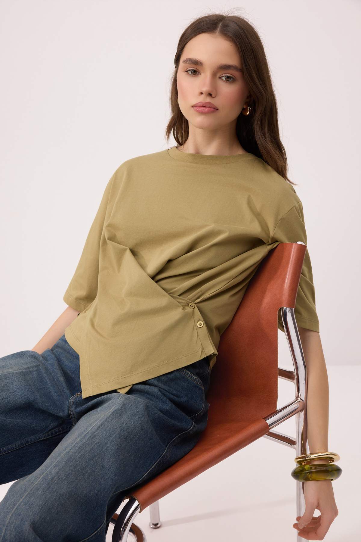 Trendyolmilla  Açık Haki Regular/Normal Kalıp Düşük Kol Truvakar Tok %100 Pamuk Örme T-Shirt TWOSS26TS00198 - Görsel 2