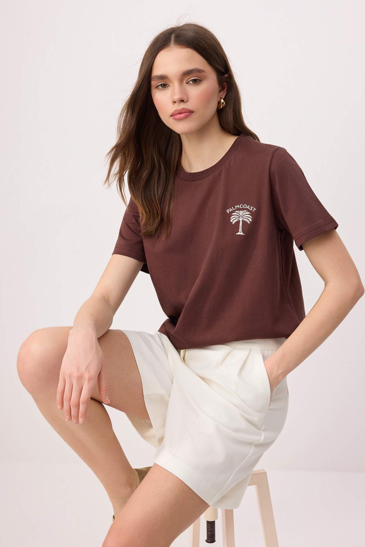 Trendyolmilla Kahverengi Nakışlı / İşlemeli Regular/Normal Kalıp Tok %100 Pamuk Örme T-Shirt TWOSS26TS00169