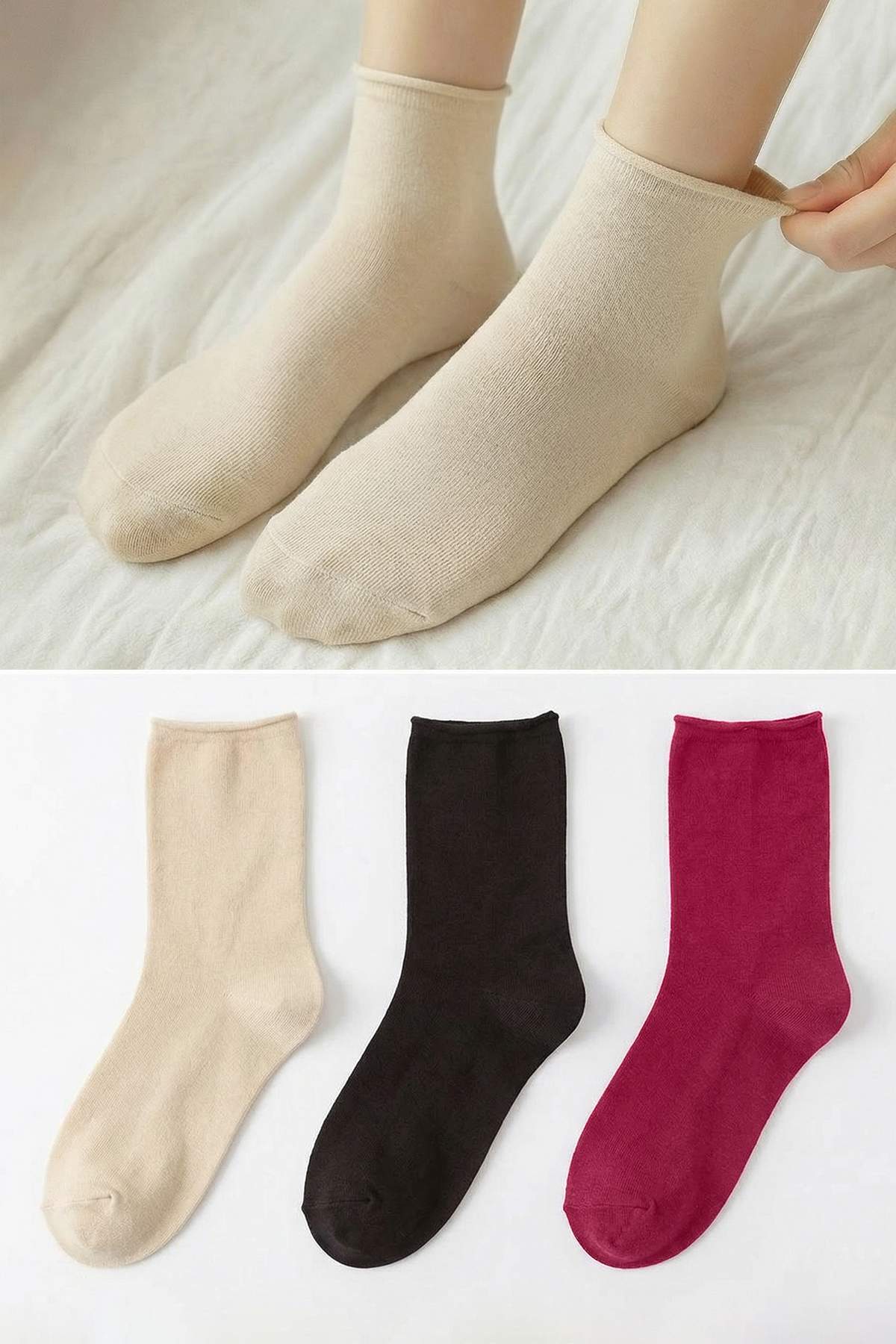 Trendyolmilla Kahverengi-Bordo-Bej 3'lü Lastiksiz/Dikişsiz İz Yapmayan Örme Çorap THMSS26CO00007