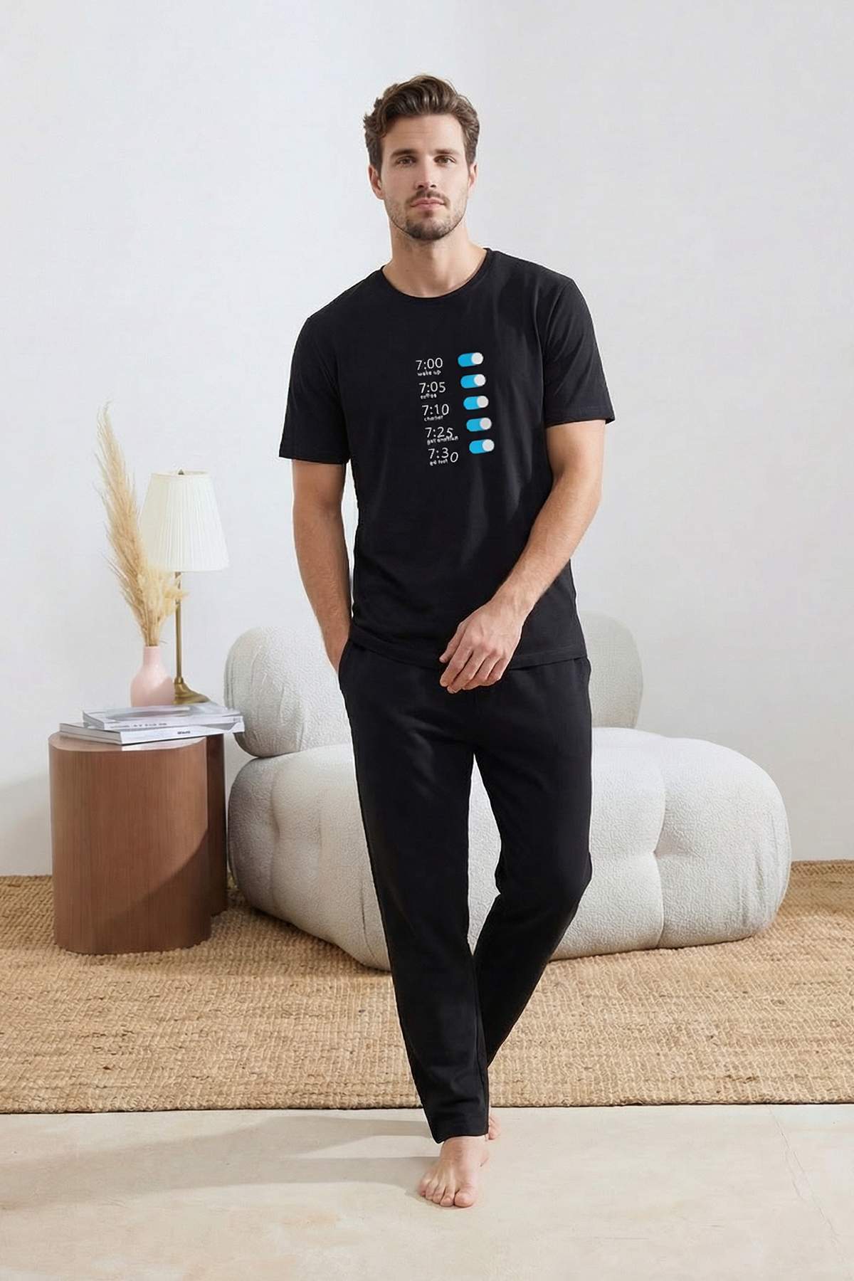 Trendyolmilla Man Siyah Regular Fit Baskılı Cep Detaylı Pamuklu Örme Pijama Takımı TMNSS26PT00001
