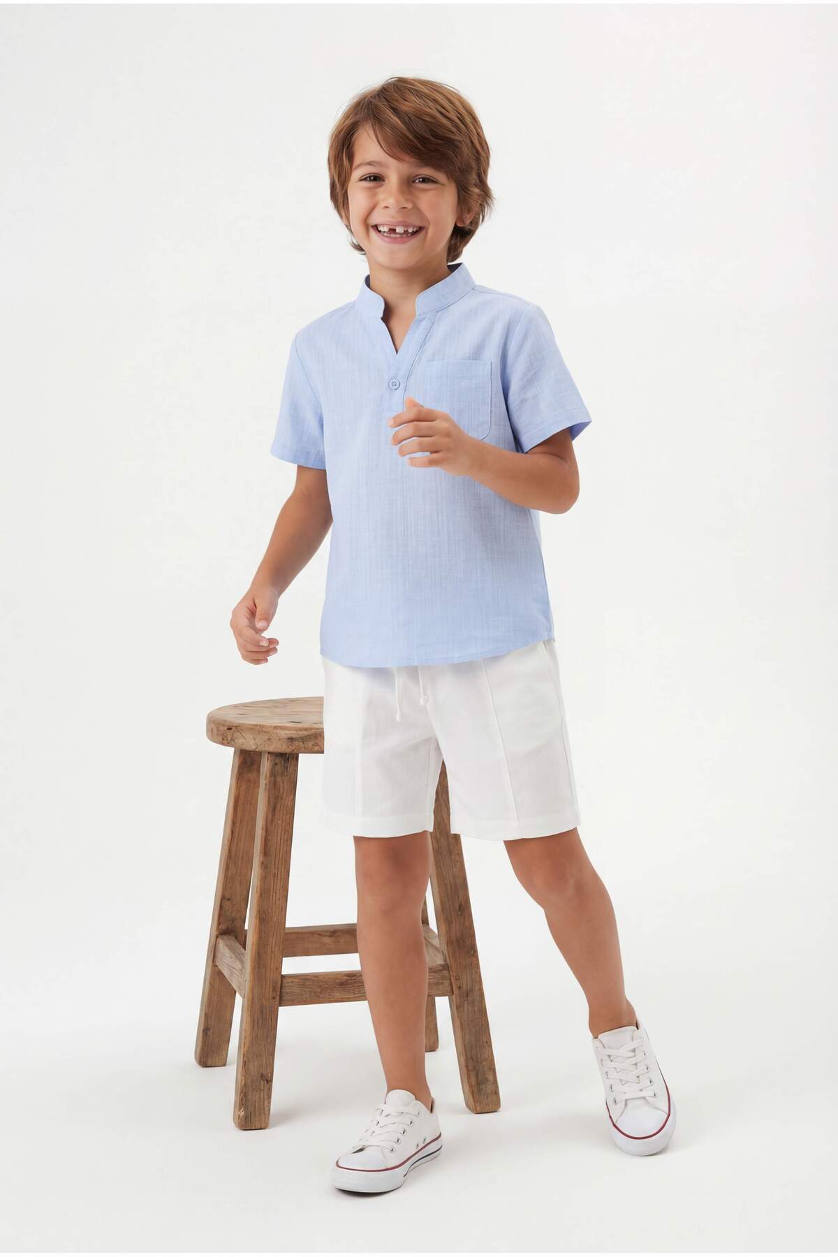 TRENDYOLKIDS Modrý chlapecký set s lněným vzhledem a hladkým tkaným spodkem -...