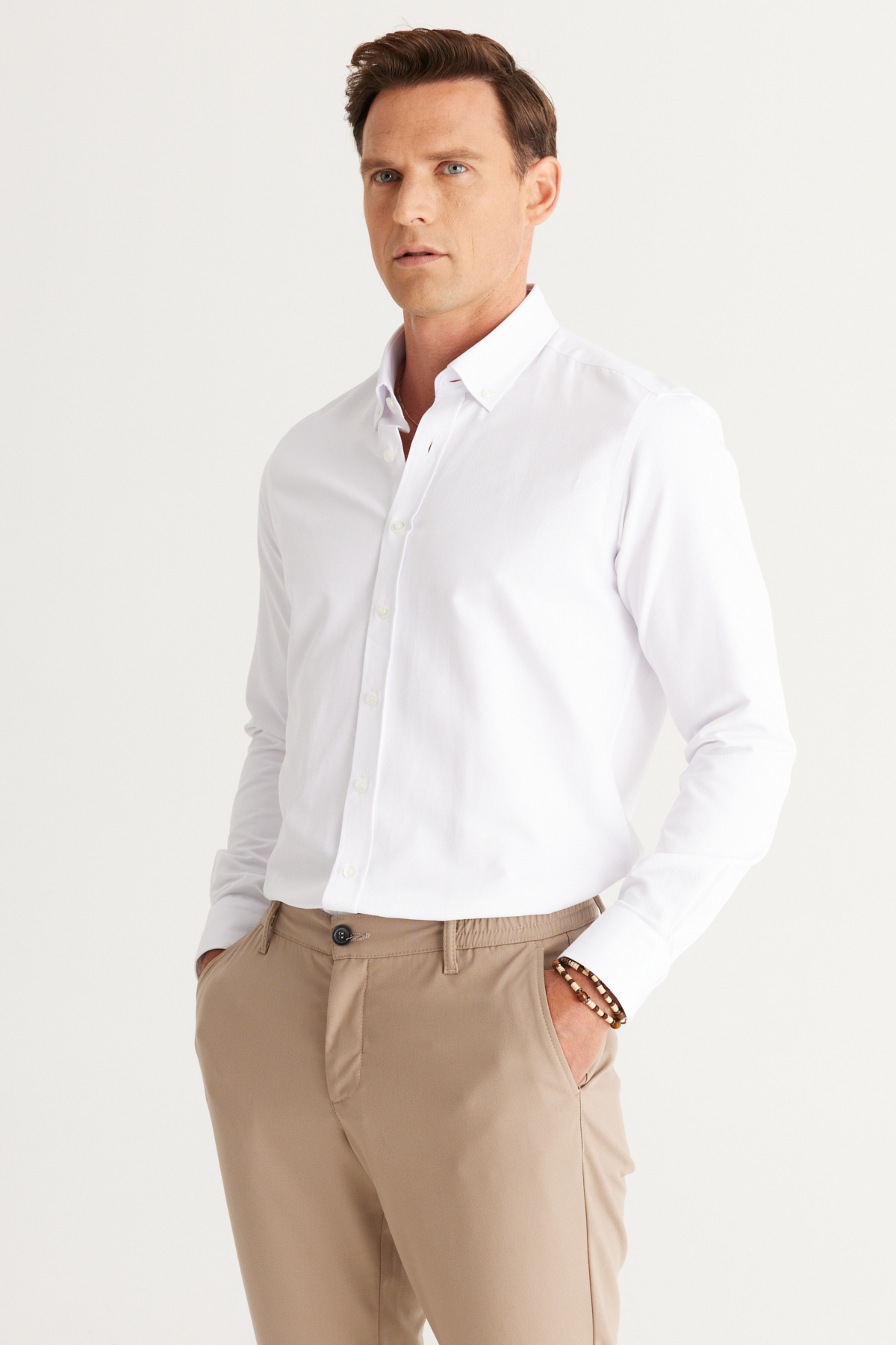 AC&Co / Altınyıldız Classics  Erkek Beyaz Kolay Ütülenebilir Slim Fit Dar Kesim Oxford Düğmeli Yaka Armürlü Pamuklu Gömlek - Görsel 8