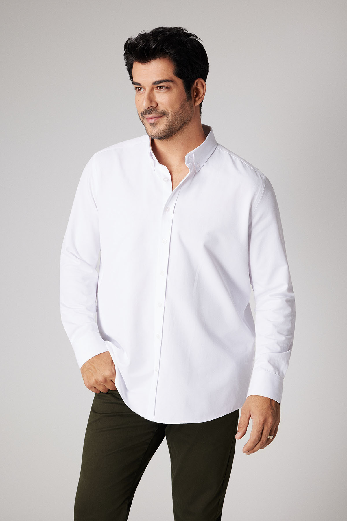AC&Co / Altınyıldız Classics  Erkek Beyaz Kolay Ütülenebilir Slim Fit Dar Kesim Oxford Düğmeli Yaka Armürlü Pamuklu Gömlek - Görsel 3