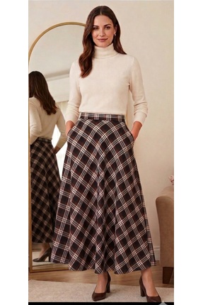 Dagü Design Kadın ekose Desenli uzun kahverengi kloş etek