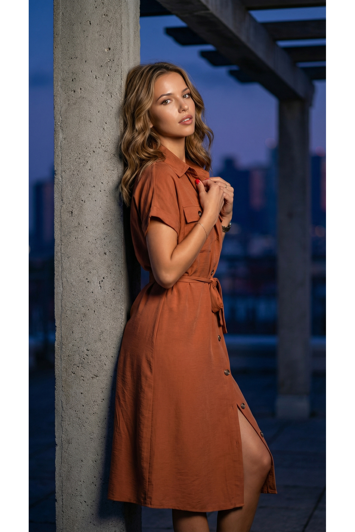 Pasaklı Giyim  Kadın Geniş Kesim Cepli Kısa Kollu Düğmeli Günlük Uzun Yazlık Safari Gömlek Elbise Kiremit K4045407 - Görsel 7