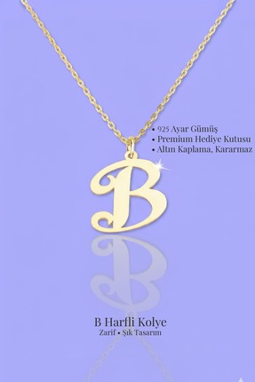 Jewelmim B Harfli Gümüş Kolye 18 Ayar Sarı Altın Kaplama Baş Harf Kararmaz 92...