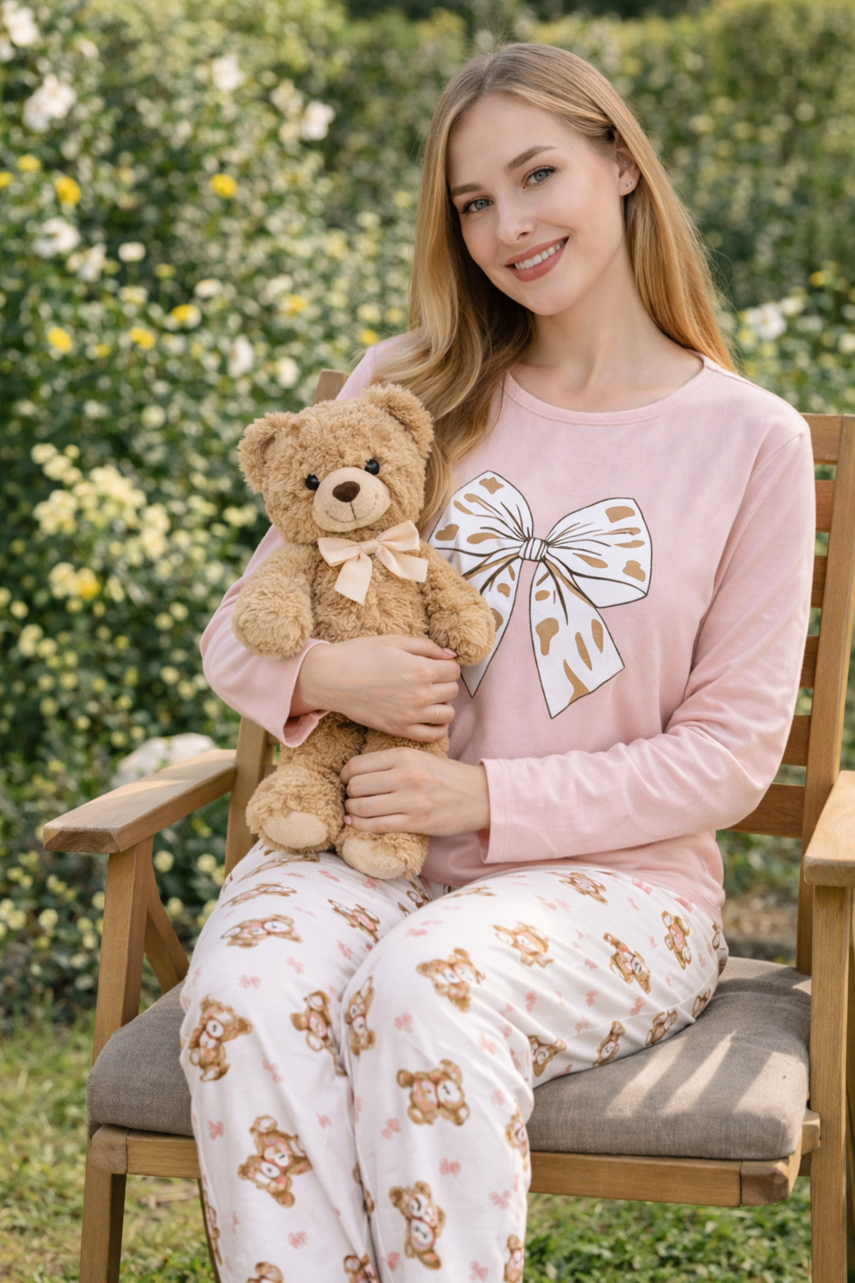 rindahomewear SET DE PIJAMALE DE DAMĂ CU MÂNECĂ LUNGĂ ȘI IMPRIMEU jerseu simplu