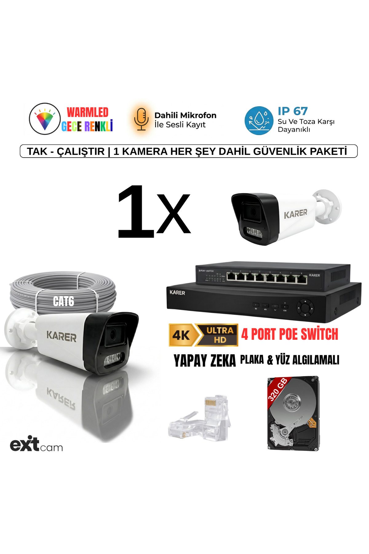 1 Kameralı 5MP IP PoE Güvenlik Kamera Seti – 10 Kanal NVR, 320GB HDD, Renkli Gece Görüşü ve Yapay Ze