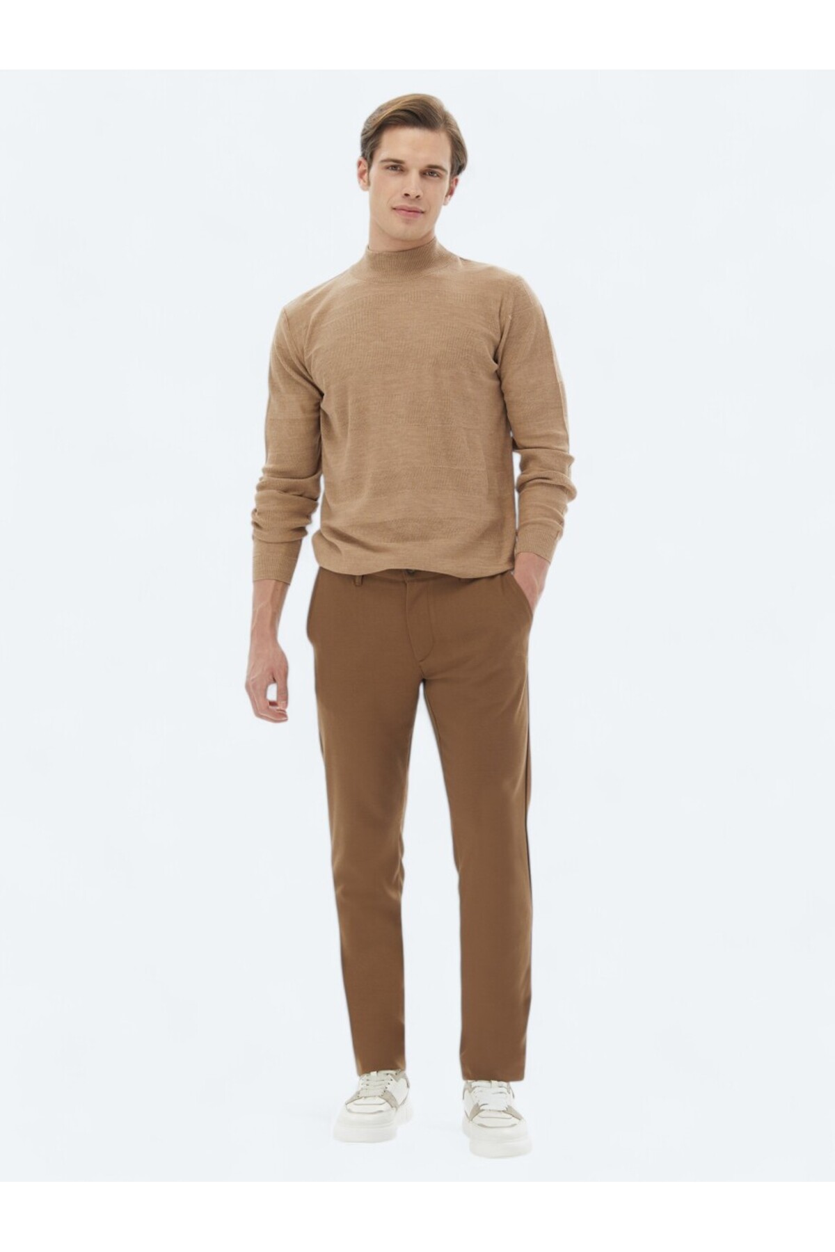 Kahverengi Dokuma Slim Fit Casual Pantolon
