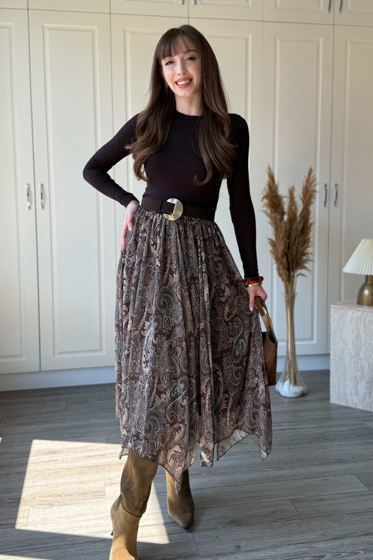 Dilay Gökoğlu Butik  Asimetrik Astarlı Şifon Midi Etek - Görsel 9