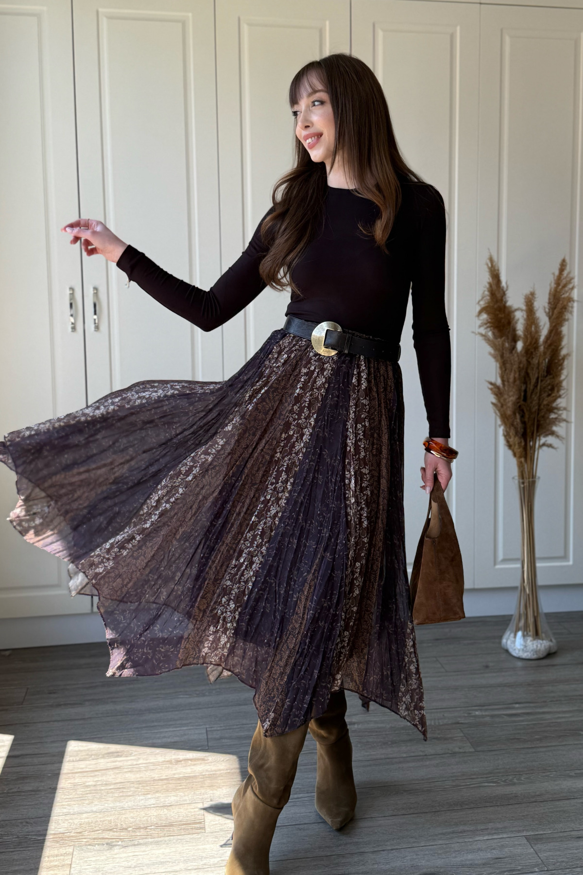 Dilay Gökoğlu Butik  Karışık Desenli Beli Lastikli Asimetrik Midi Etek - Görsel 4