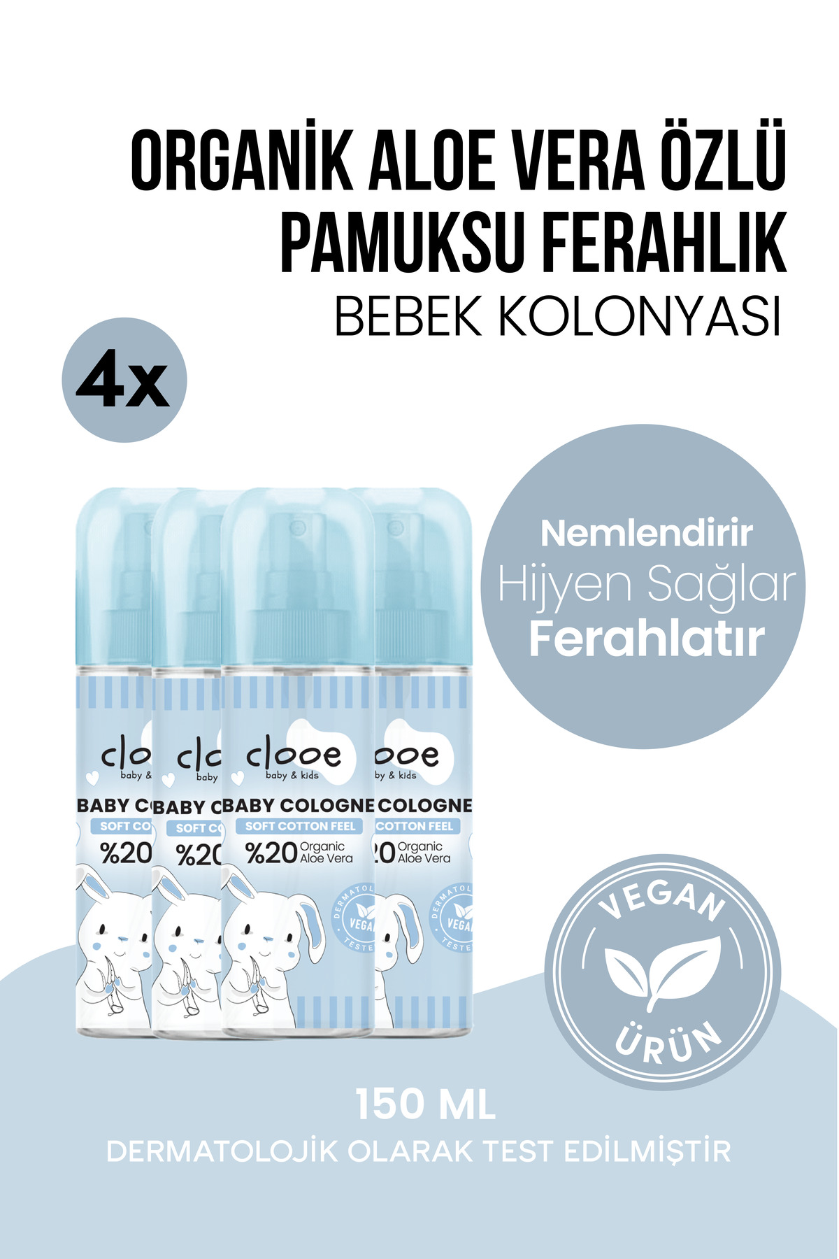 clooe 4'lü Bebek Kolonyası Soft Cotton Feel 150 ml - Pamuk Esintili - Organik Aloe Vera Özlü - Vegan - Hızlı Kuruyan — PKA039