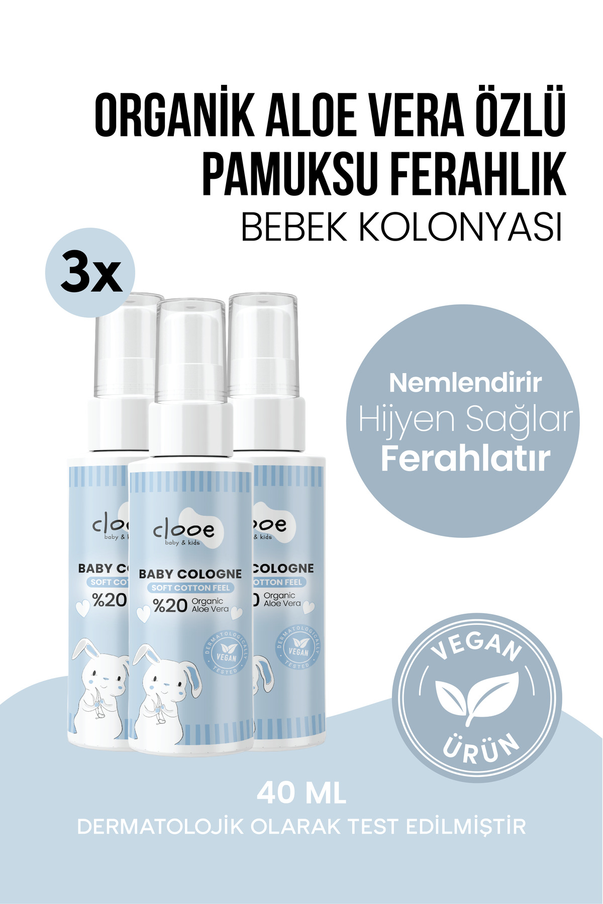 clooe Vegan Organik Aloe Vera Özlü Yatıştırıcı Nemlendirici Pamuksu Bebek Kolonyası 3'lü Avantajlı Seti — PKA024