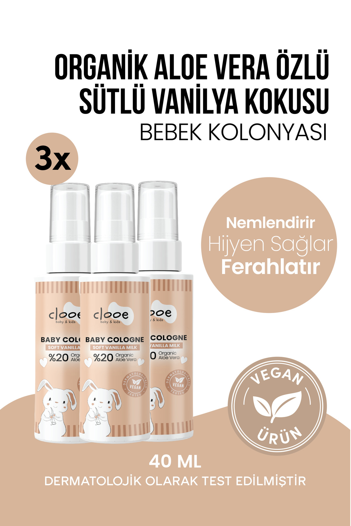 clooe 3'lü Bebek Kolonyası Soft Vanilla Milk 40 ml - Vanilya ve Süt Notalı - Organik Aloe Vera Özlü - Vegan - Hızlı Kuruyan — PKA029