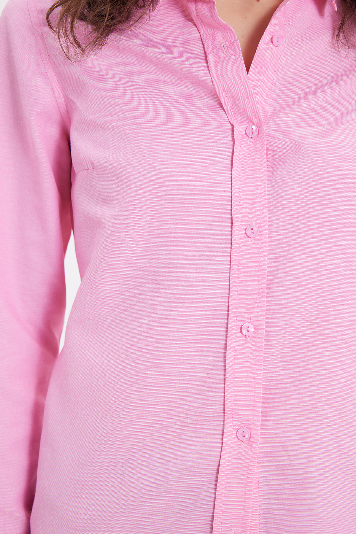Tudors  Kadın Slim Fit Dar Kesim Uzun Kollu Pamuklu Vücuda Oturan Dokulu Pembe Basic Gömlek - Görsel 6