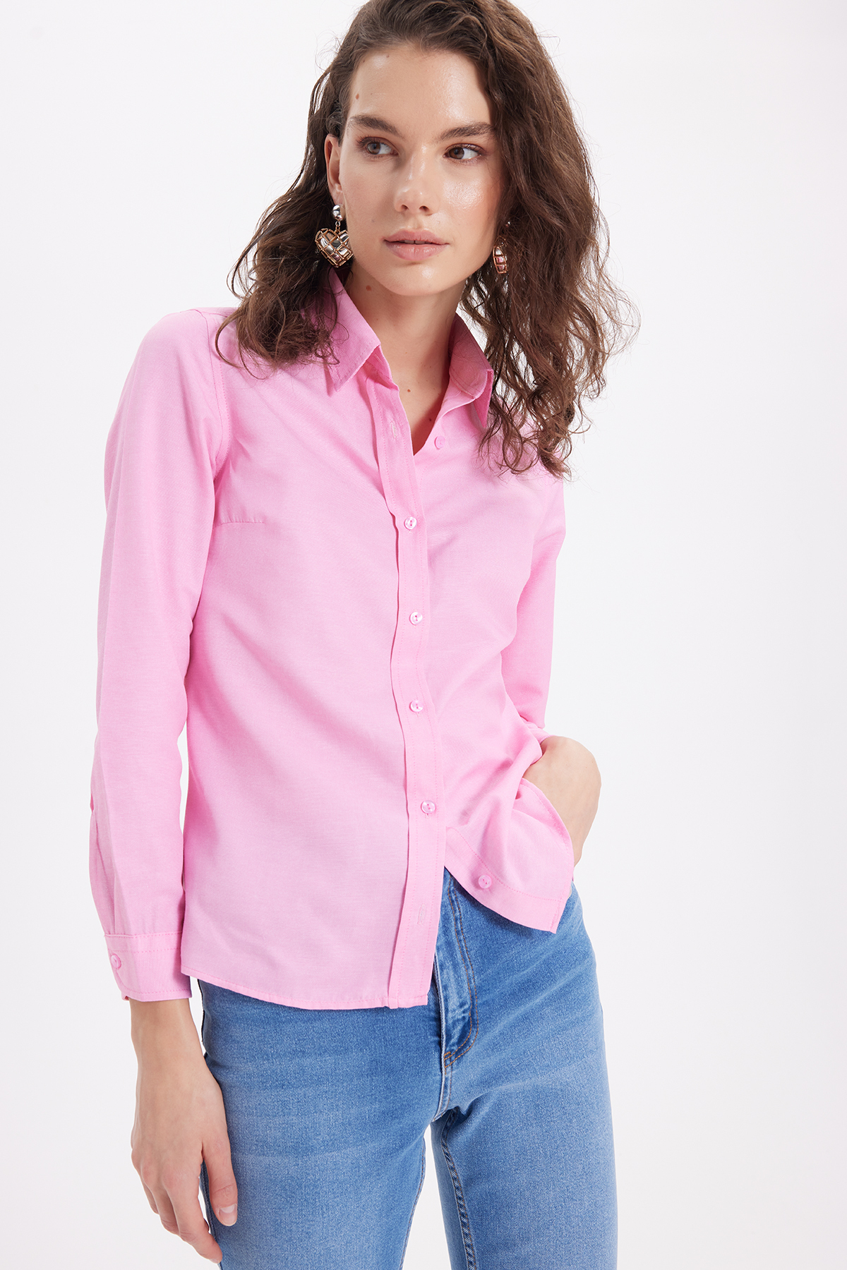 Tudors  Kadın Slim Fit Dar Kesim Uzun Kollu Pamuklu Vücuda Oturan Dokulu Pembe Basic Gömlek - Görsel 5