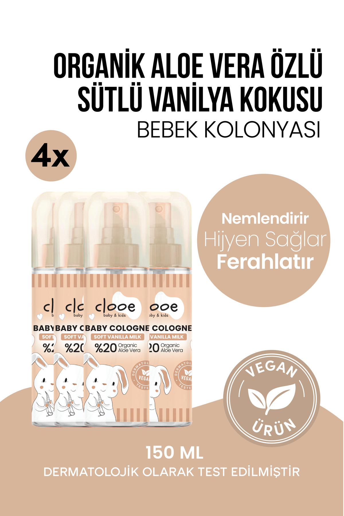 clooe 4'lü Bebek Kolonyası Soft Vanilla Milk 150 ml - Vanilya ve Süt Notalı - Organik Aloe Vera Özlü - Vegan - Hızlı Kuruyan — PKA035