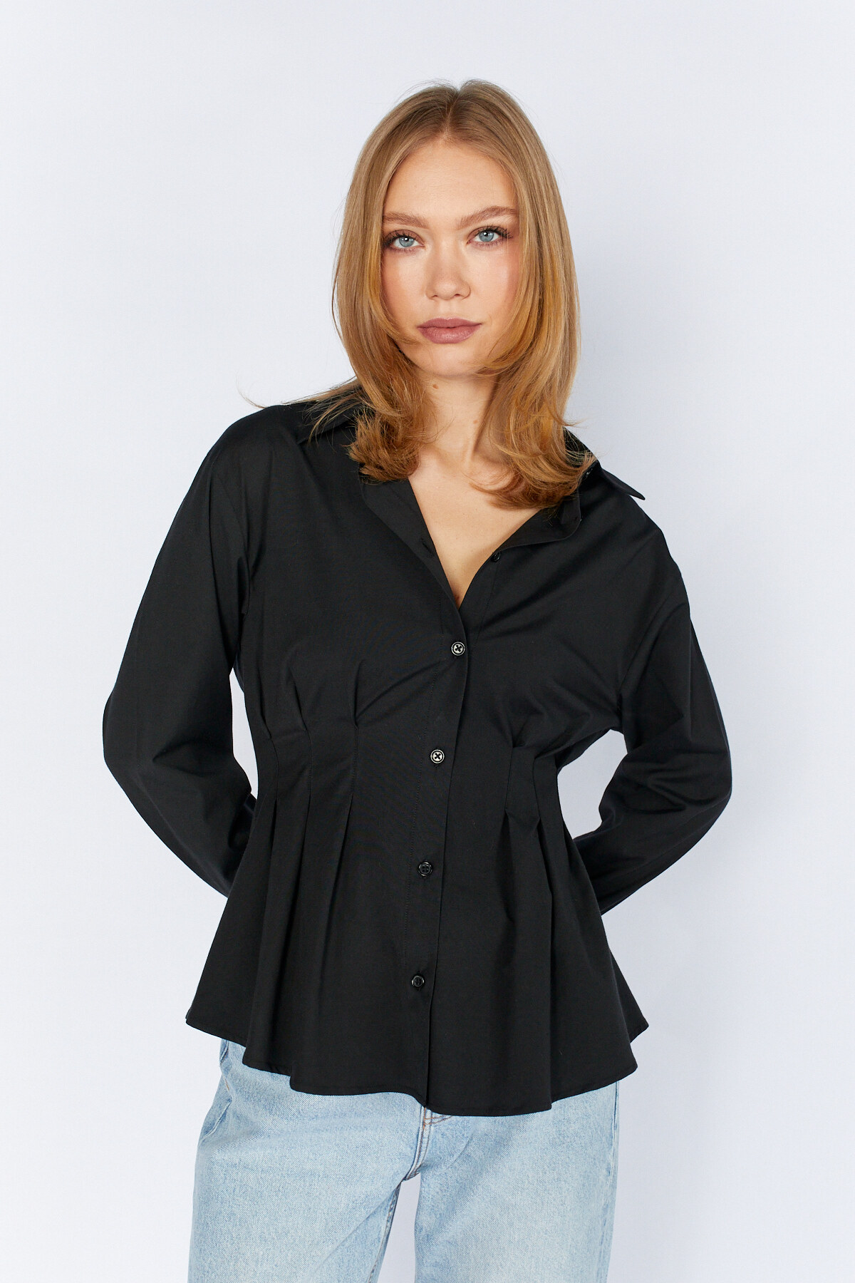 Siyah Pilili Belden Oturan Poplin Gömlek | MKS1610919-1