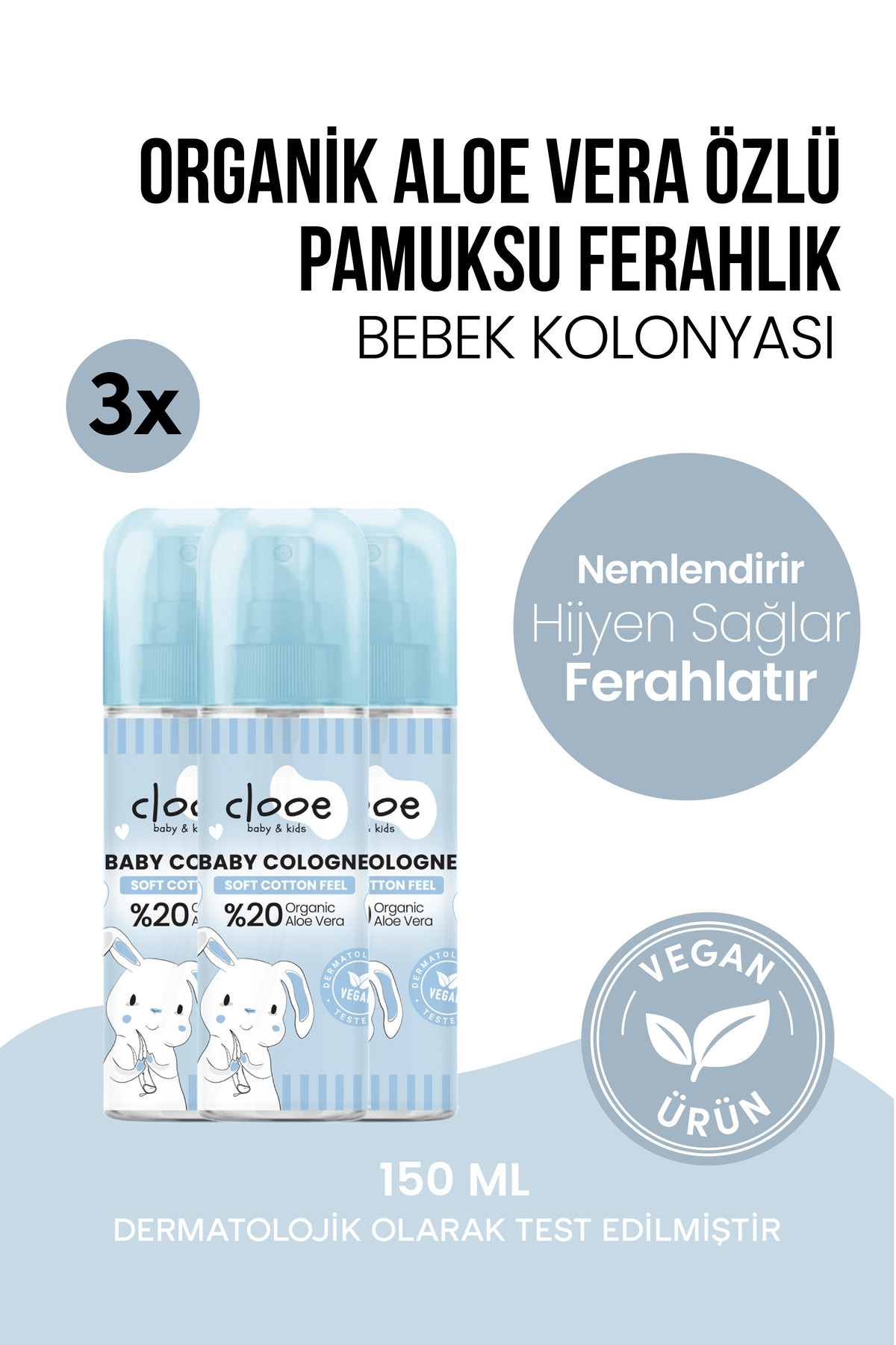 clooe 3'lü Bebek Kolonyası Soft Cotton Feel 150 ml - Pamuk Esintili - Organik Aloe Vera Özlü - Vegan - Hızlı Kuruyan — PKA038