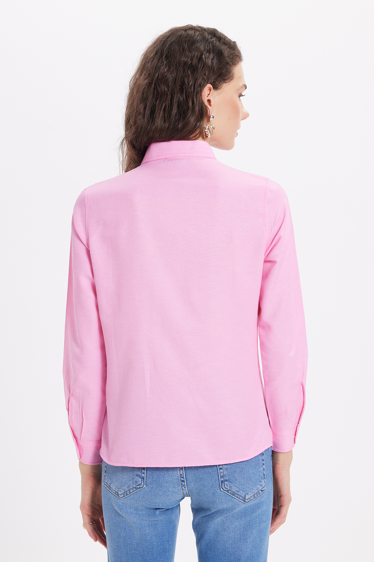 Tudors  Kadın Slim Fit Dar Kesim Uzun Kollu Pamuklu Vücuda Oturan Dokulu Pembe Basic Gömlek - Görsel 7