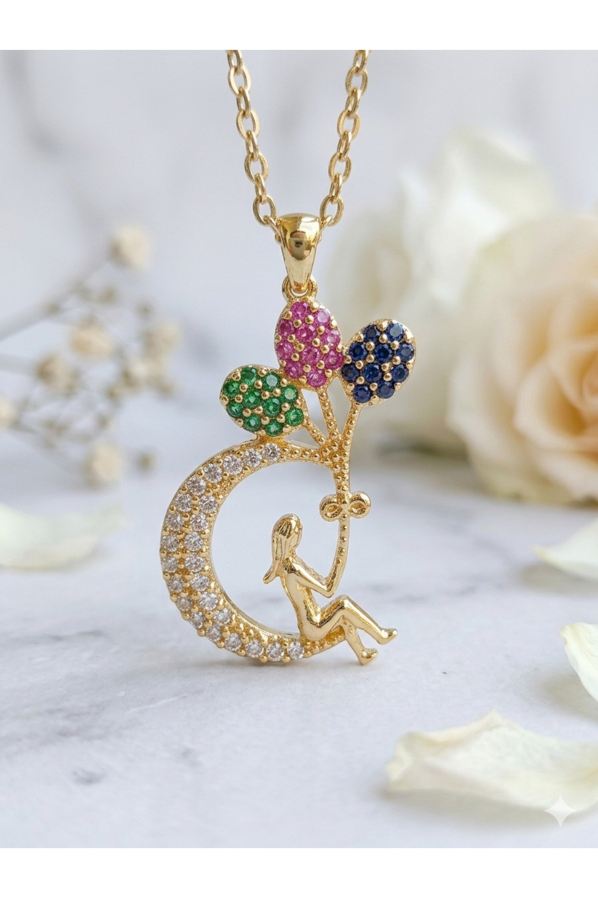 Crescent Balloon Girl Necklace with Colorful Zircon Gemstone