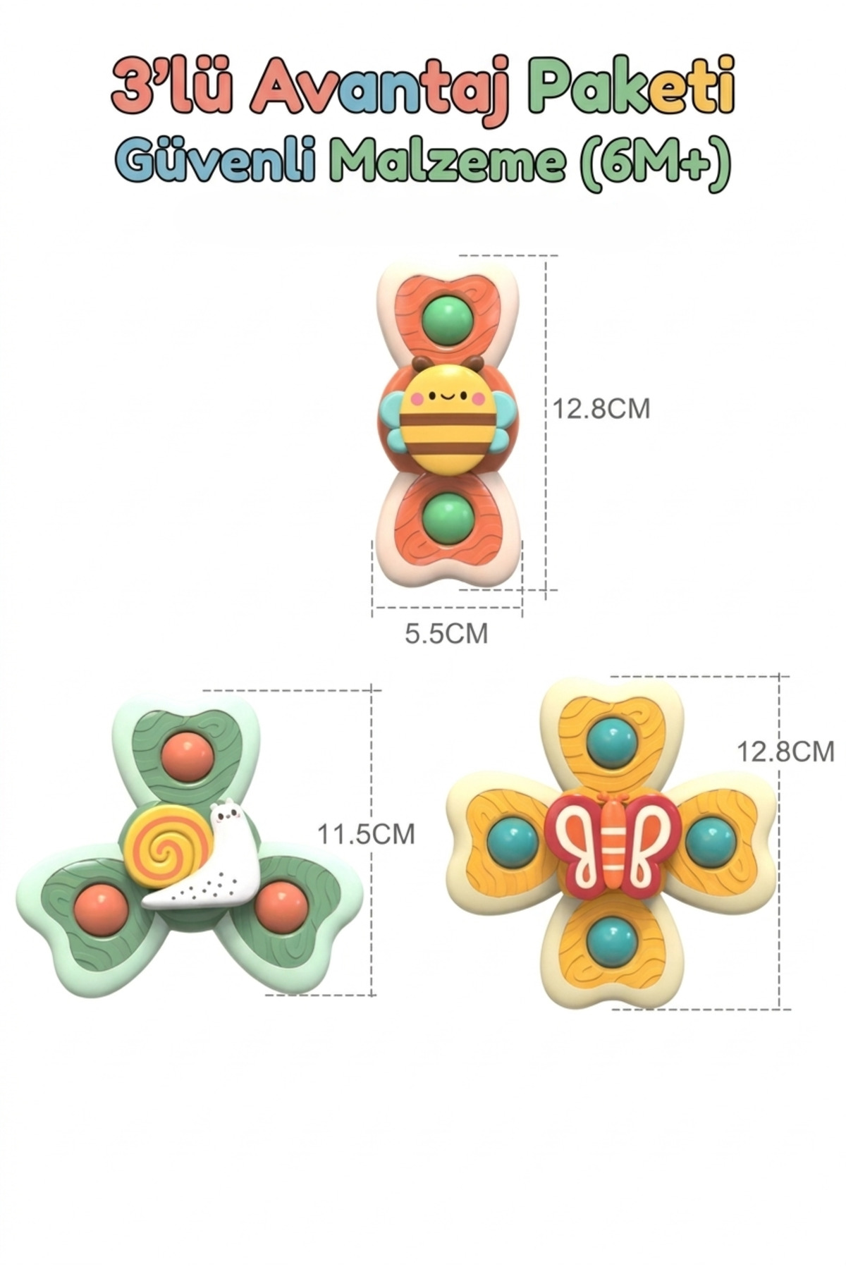 CARA CARO 3'lü Duyusal Vantuz Spinner: Banyo ve Seyahat Oyuncağı, Eğitici Bebek Hediyesi, 6+ Ay fotoğrafı 3 (önizleme)