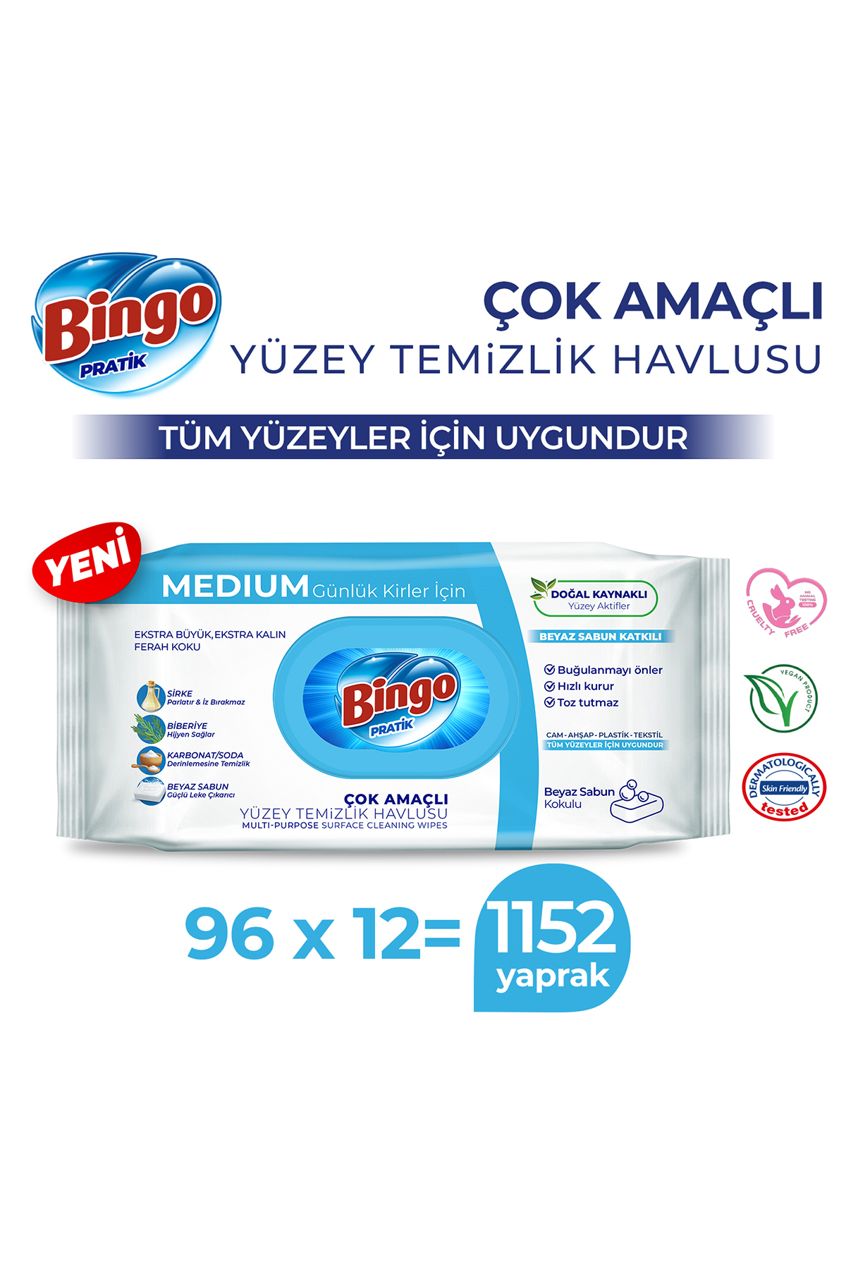 Bingo Yüzey Temizleme Havlusu Medium Beyaz Sabun Kokulu 96 Adetx12 (1152 Yaprak) fotoğrafı 2 (önizleme)