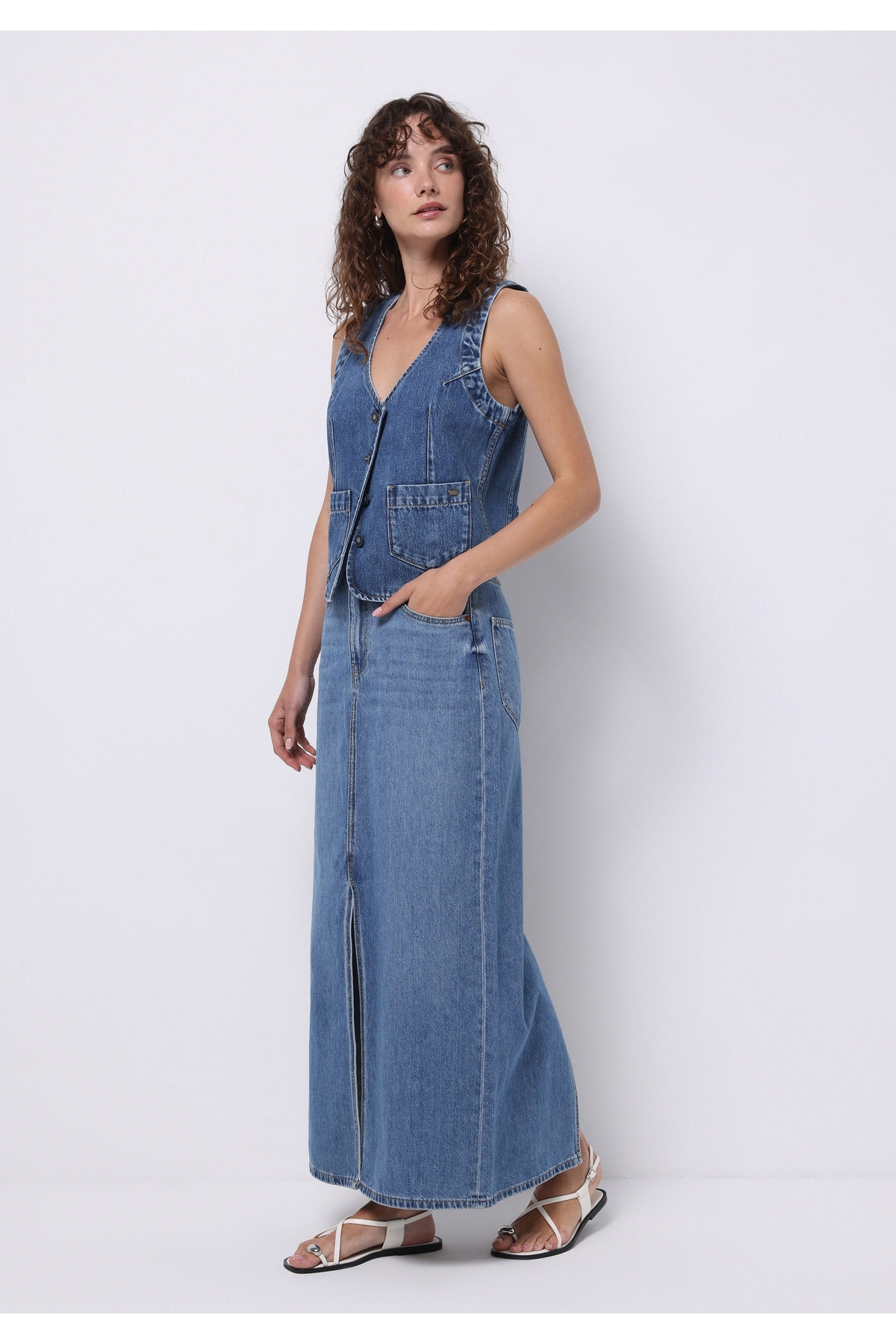 Colin's Slim Fit Düz Düğmeli Kadın Mavi Etek görsel 3