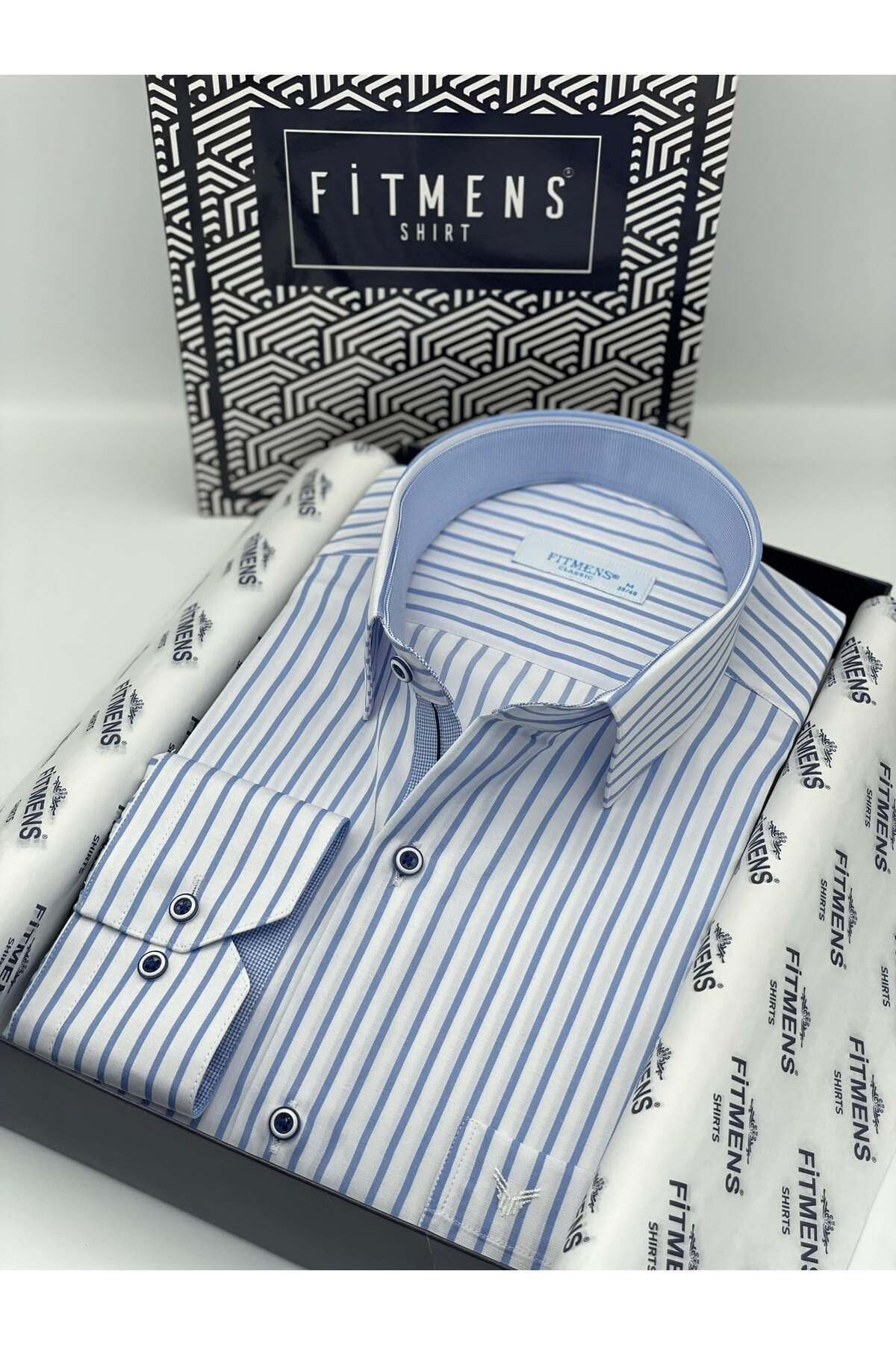 Classic Long Sleeve Thick Striped Gift Boxed Men's Shirt FS-001260 - White Light Blue