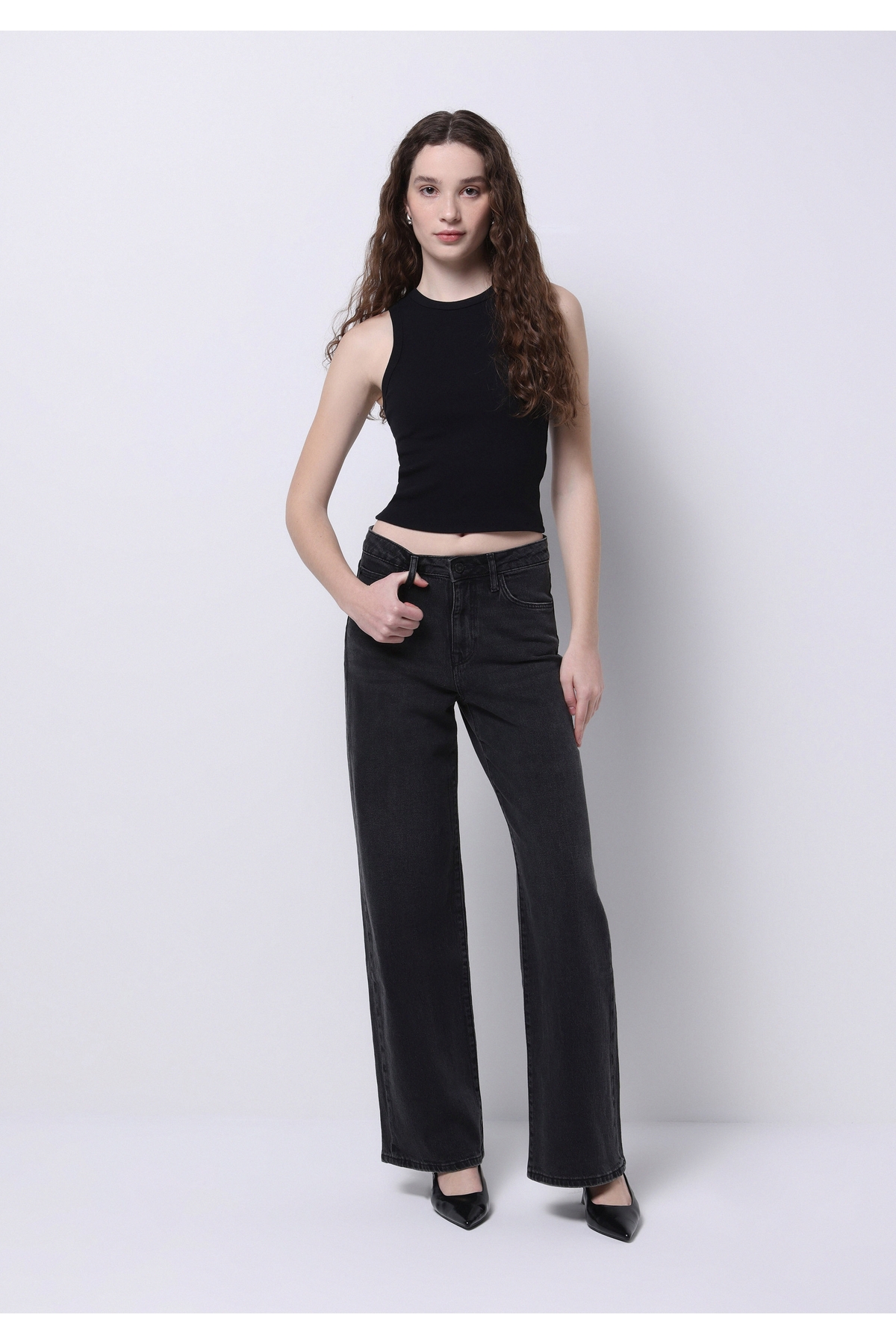Regular Fit Yüksek Bel Geniş Paça Kadın İndigo Jean Pantolon