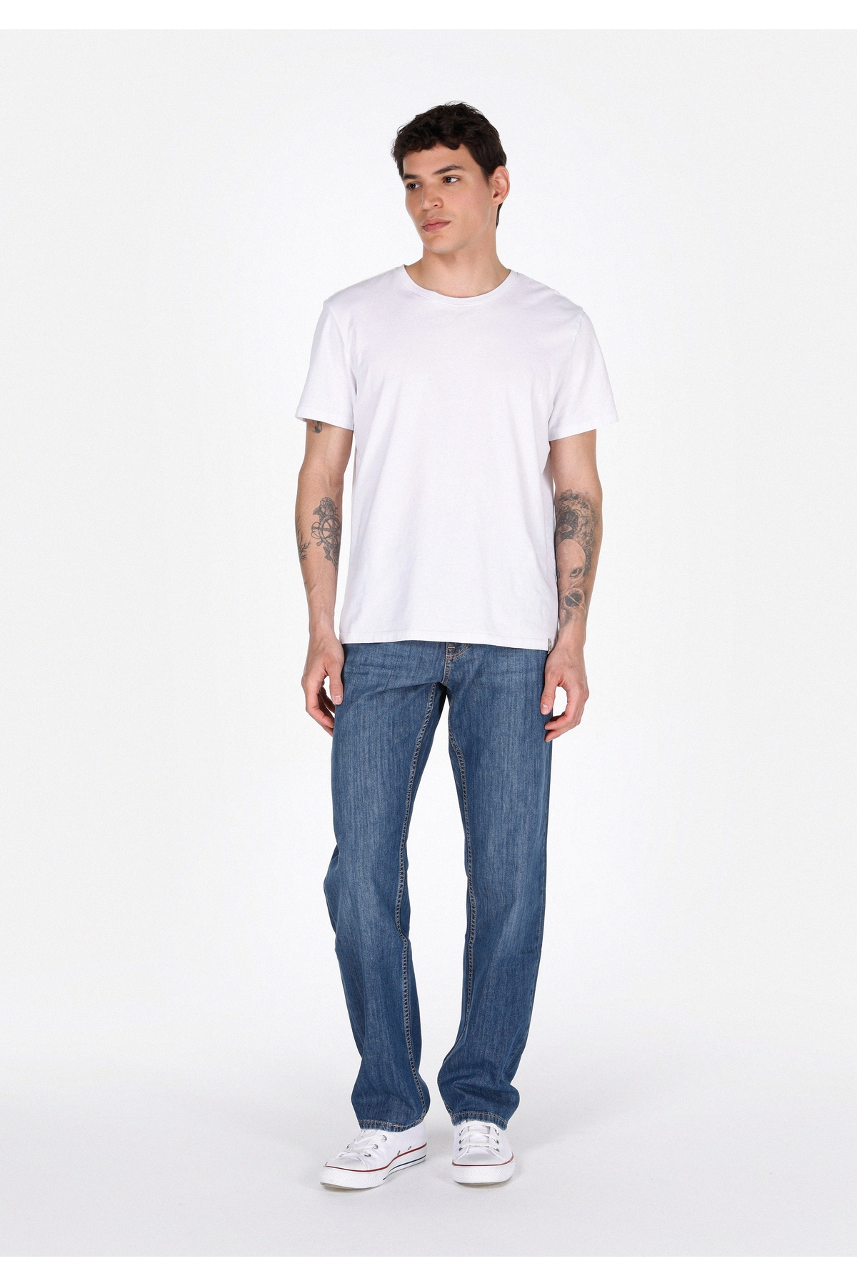 Regular Fit Erkek Fermuarlı Mid İndigo Denim Jean Pantolon