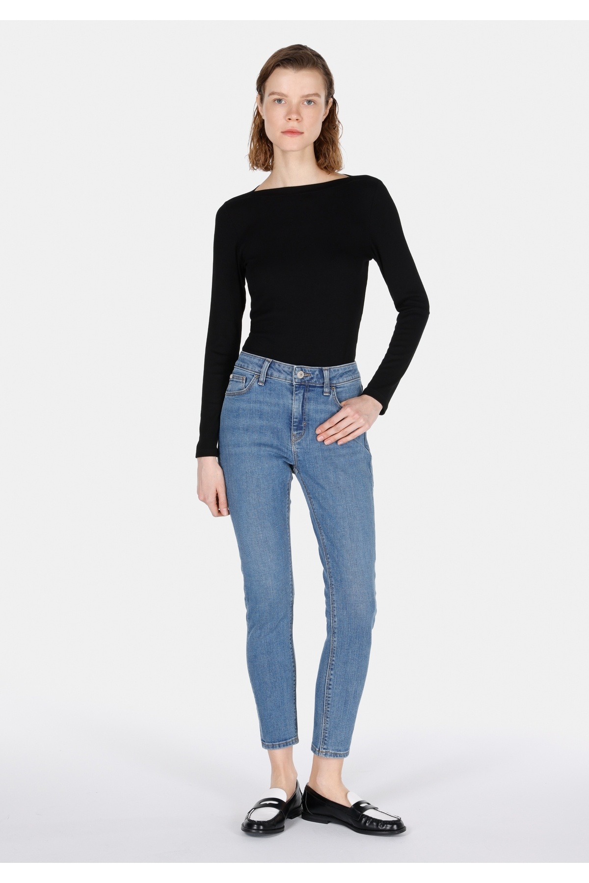 Skinny Fit Cepli Kadın Mid Indigo Denim Jean Pantolon