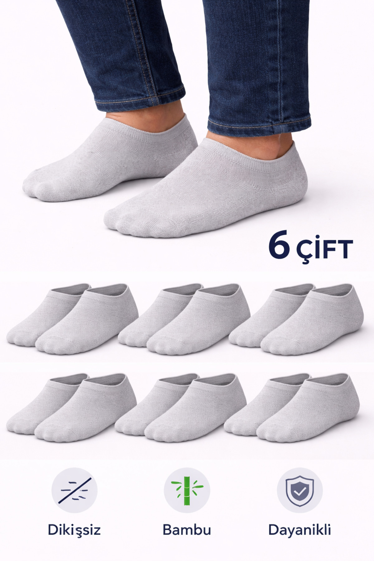 Erkek Bambu 6'lı Dikişsiz Sneakers Çorap Gri