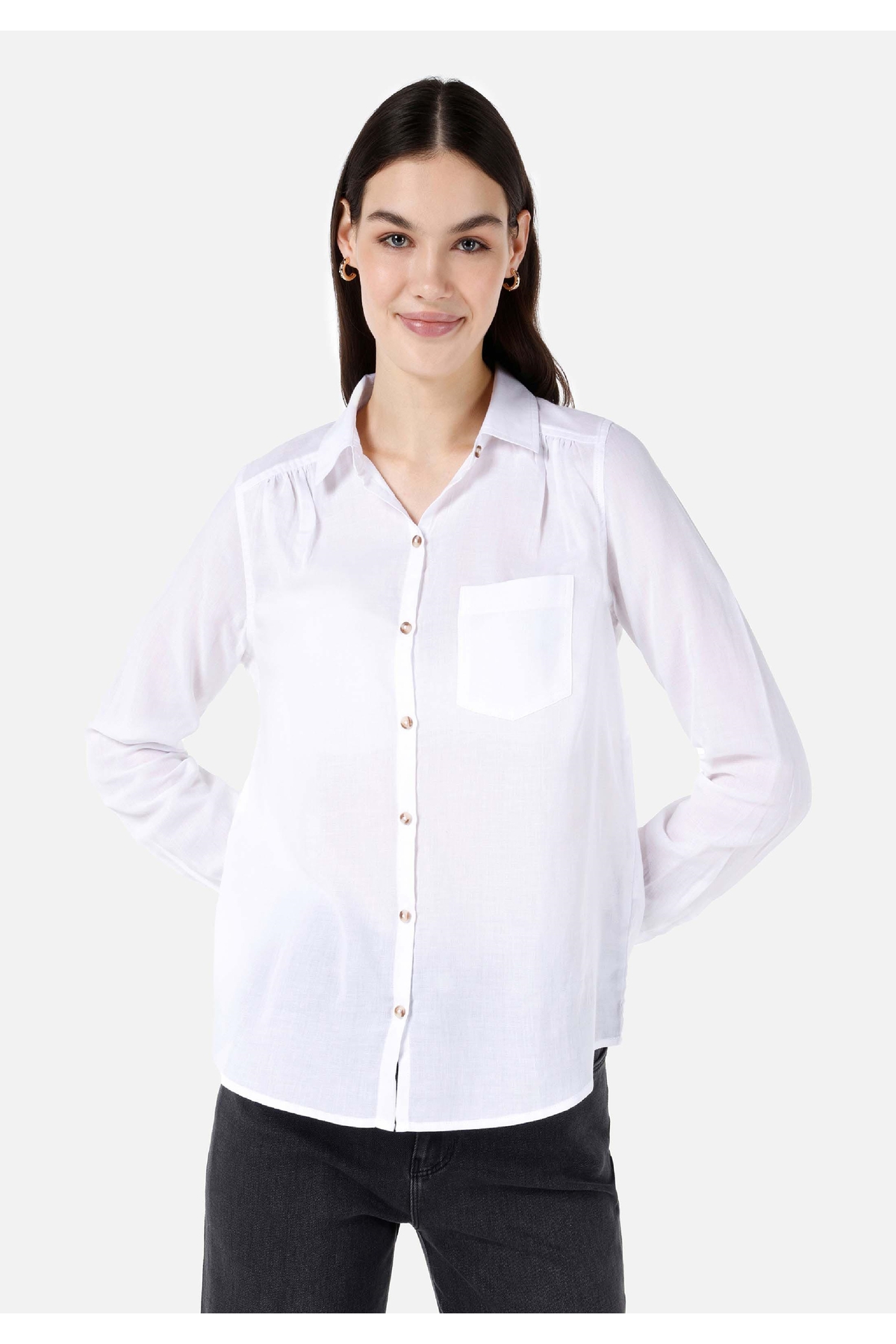 Regular Fit Shirt Neck Düz Kadın Beyaz Uzun Kol Gömlek