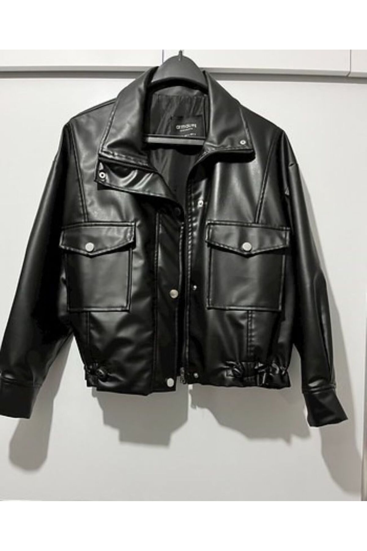 VESS MODA  Çift Cep Yan Büzgülü Oversize Deri Ceket