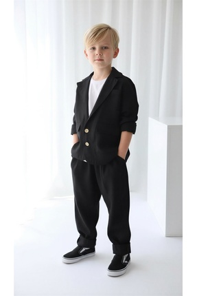 Catz Kids Siyah Keten Rahat Ceket + Siyah Keten Carrot Pantolon