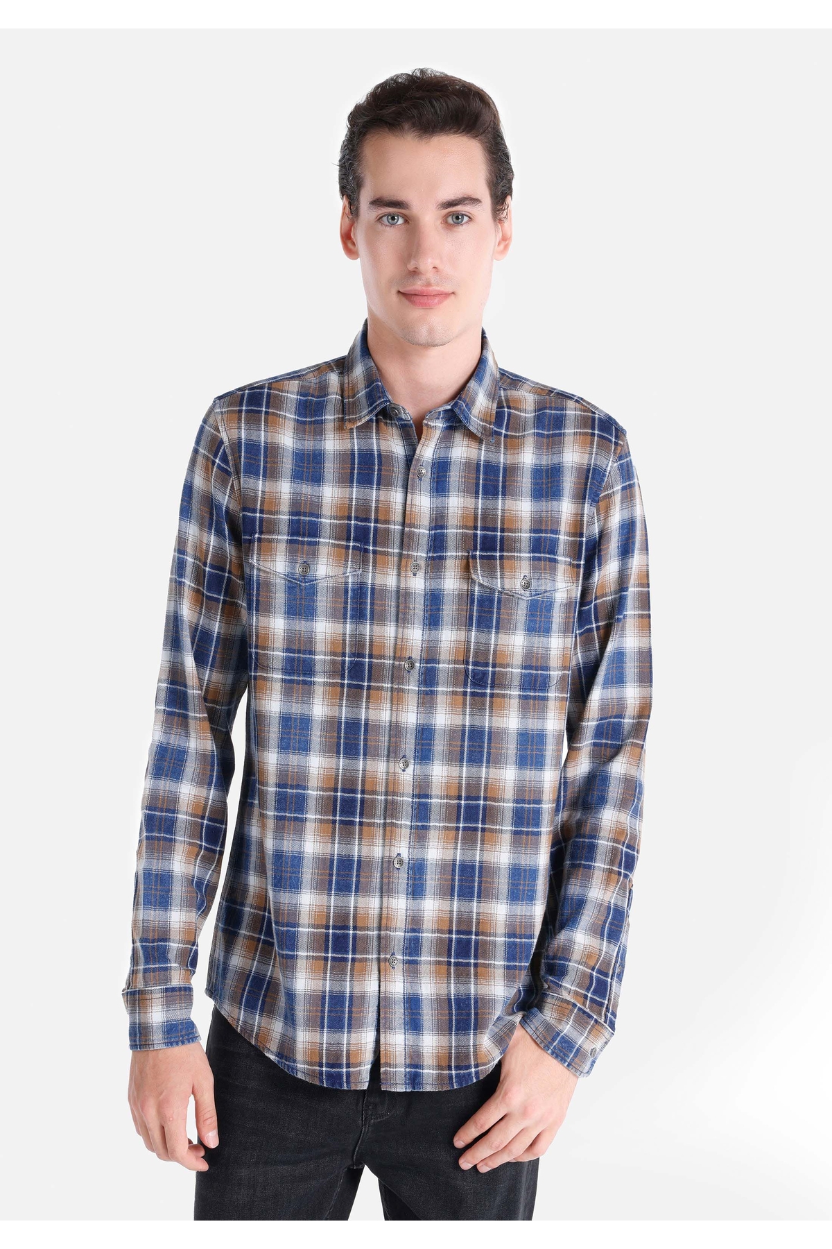 Slim Fit Shirt Neck Ekoseli Erkek Mavi Uzun Kol Gömlek