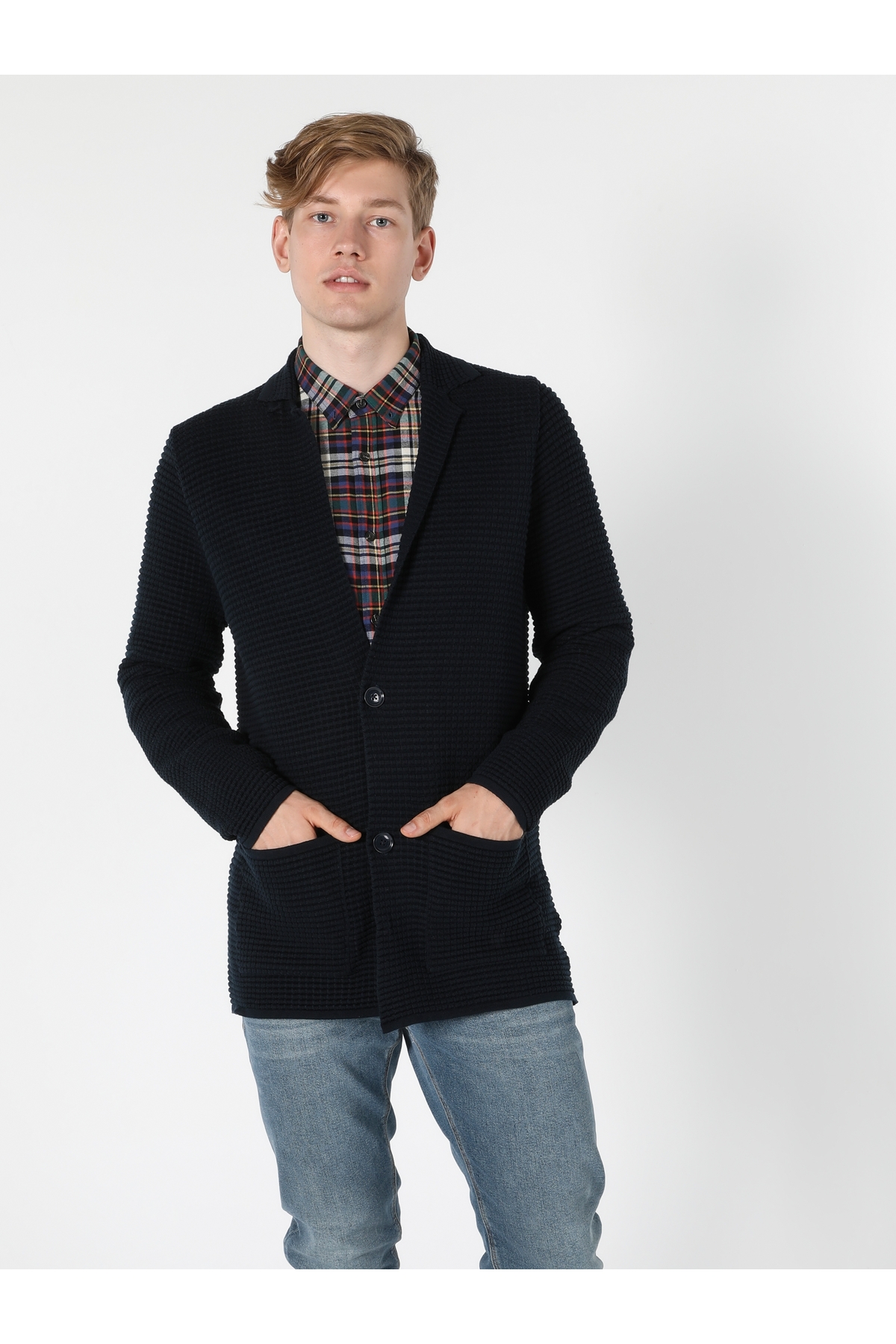 ژاکت کش باف پشمی آبی مردانه Slim Fit — سرمه‌ای .CL1056095_Q1.V1_NAV — تصویر 3 از 4