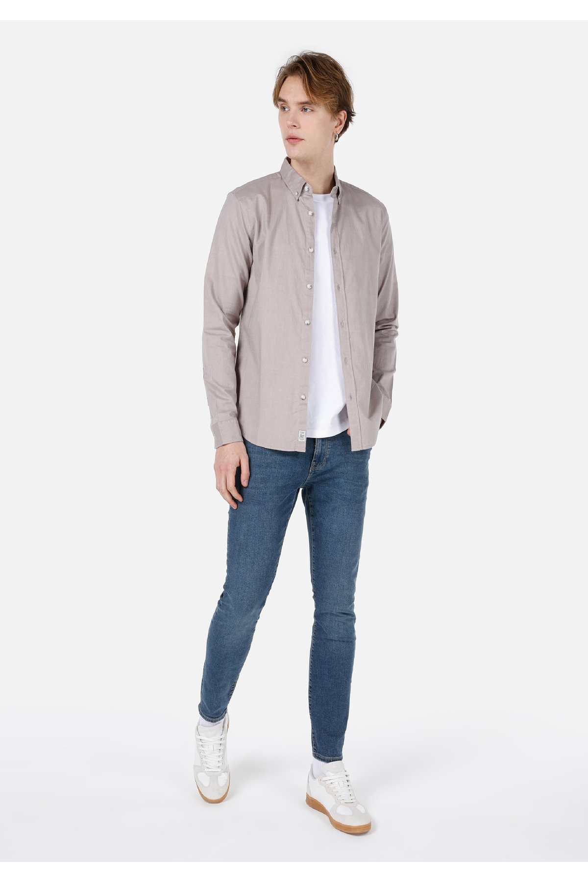 Slim Fit Shirt Neck Cepsiz Düz Erkek Bej Uzun Kol Gömlek — زرد .CL1048576_Q1.V1_SAN — تصویر 3 از 5