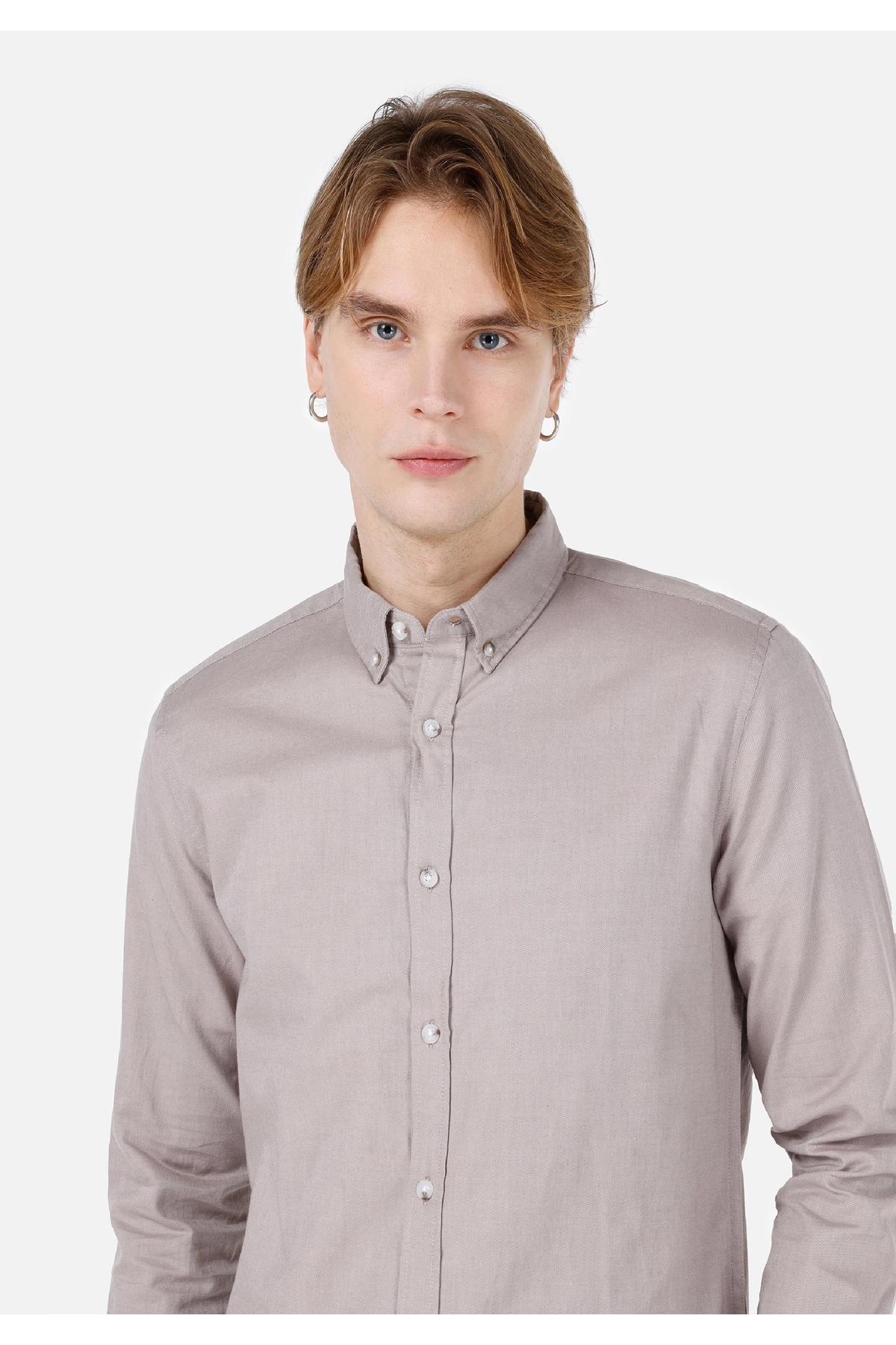 Slim Fit Shirt Neck Cepsiz Düz Erkek Bej Uzun Kol Gömlek — زرد .CL1048576_Q1.V1_SAN — تصویر 4 از 5