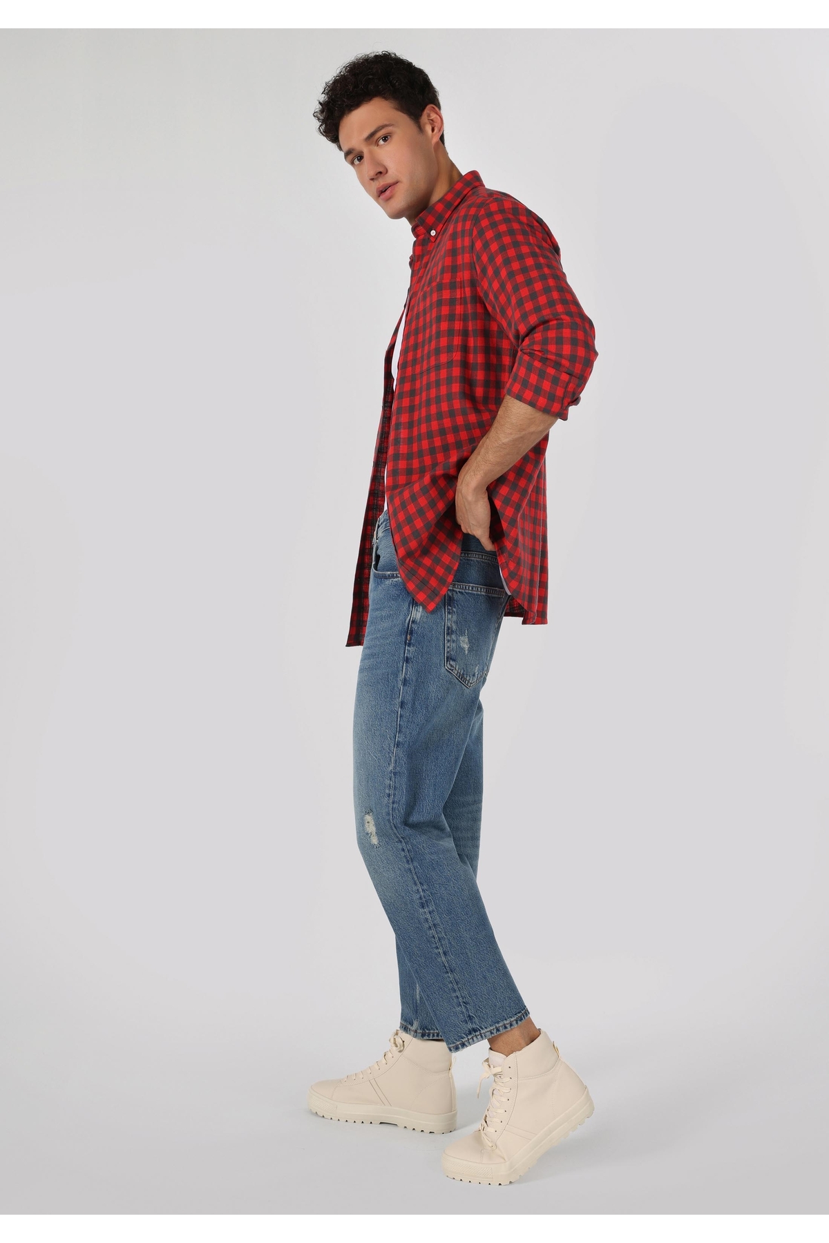 Loose Relaxed Fit Drop Crotch Kısa Paça Erkek İndigo Jean Pantolon