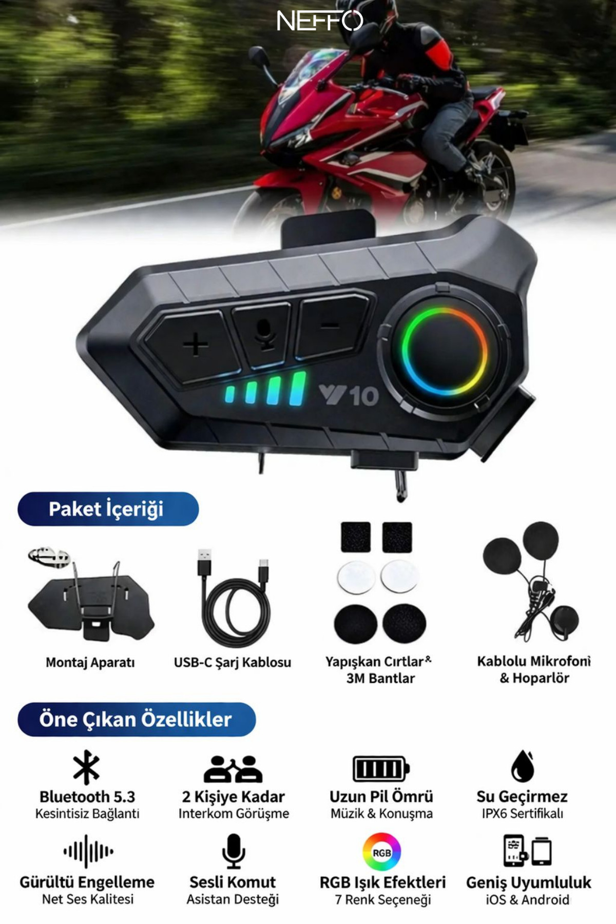 NEFFO V10 5.3 Motosiklet Kask Kulaklık Intercom Işıklı Motorsiklet