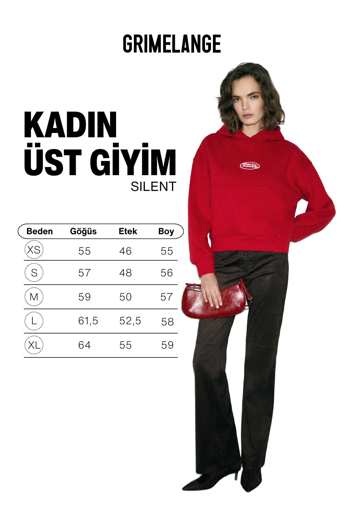 GRIMELANGE SILENT Kadın Kapüşonlu Organik Pamuklu İçi Polarlı Kangru Cepli Baskılı Nakışlı Kırmızı Sweatshirt görsel 5