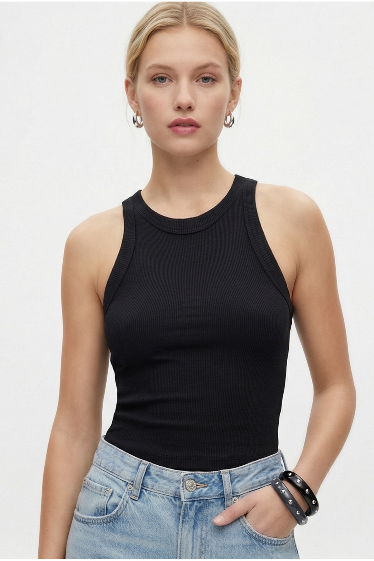 Women's Premium Texture Black Ribbed Cotton Singlet